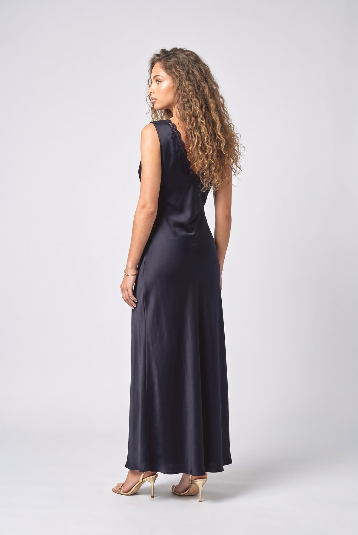 Black Satin Maxi Dress, back view