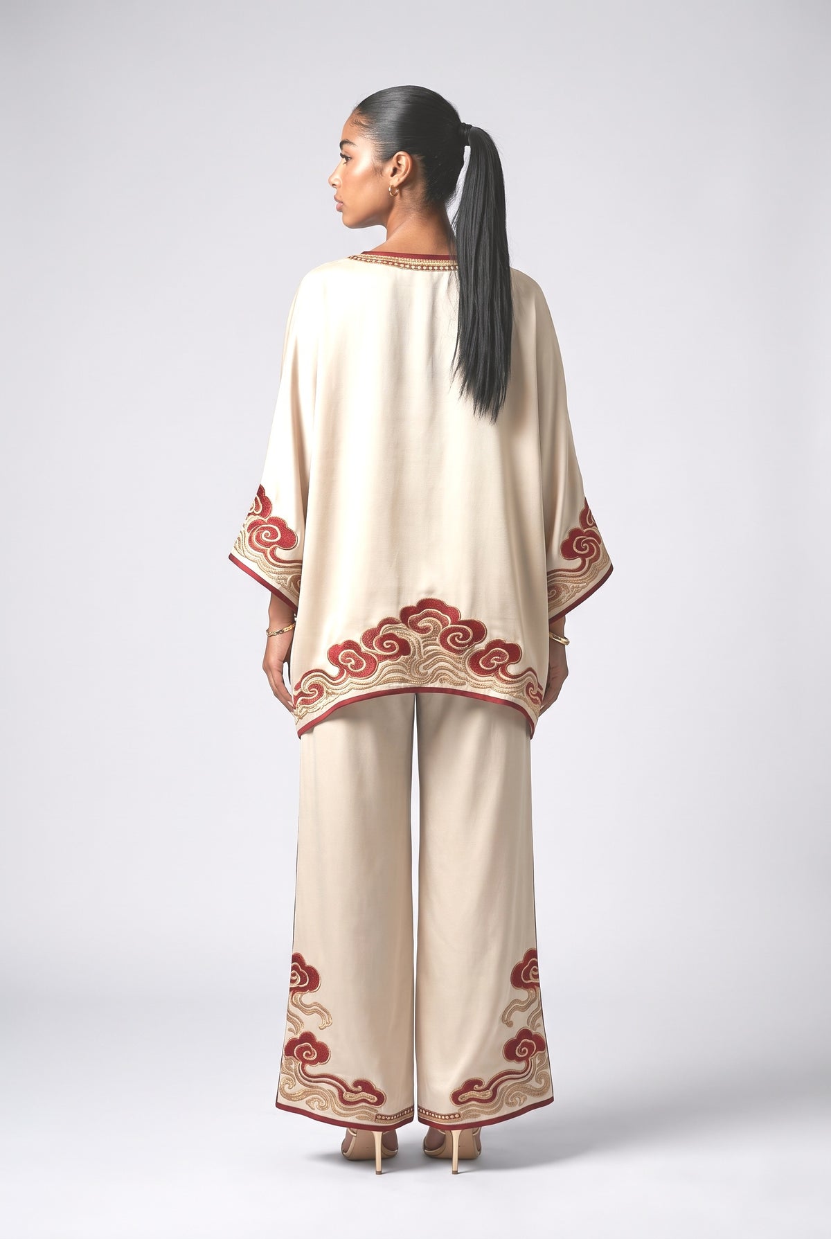 Beige Satin Relaxed Outfit Set, back view