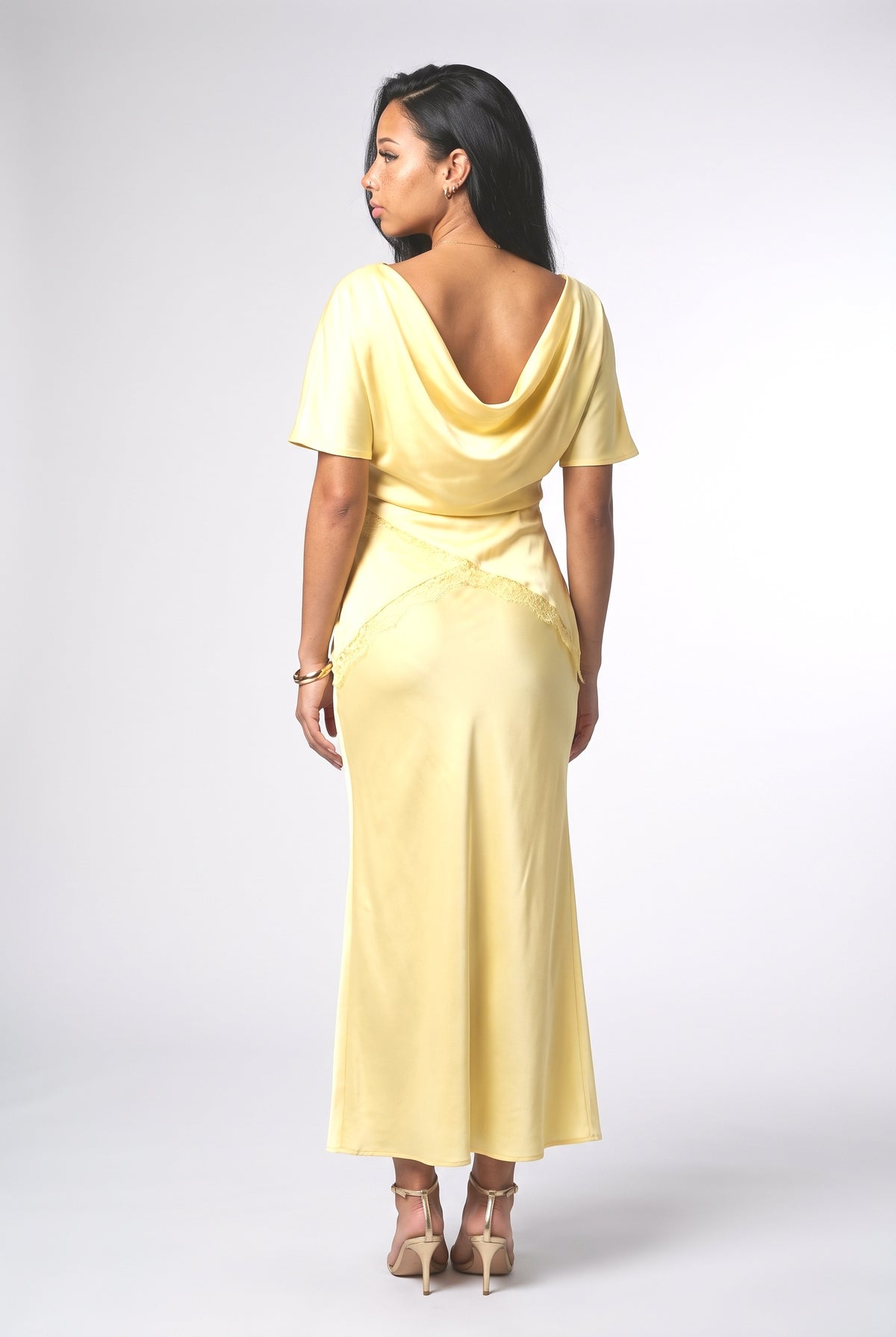 Yellow Satin Draped Outfit Set, back view