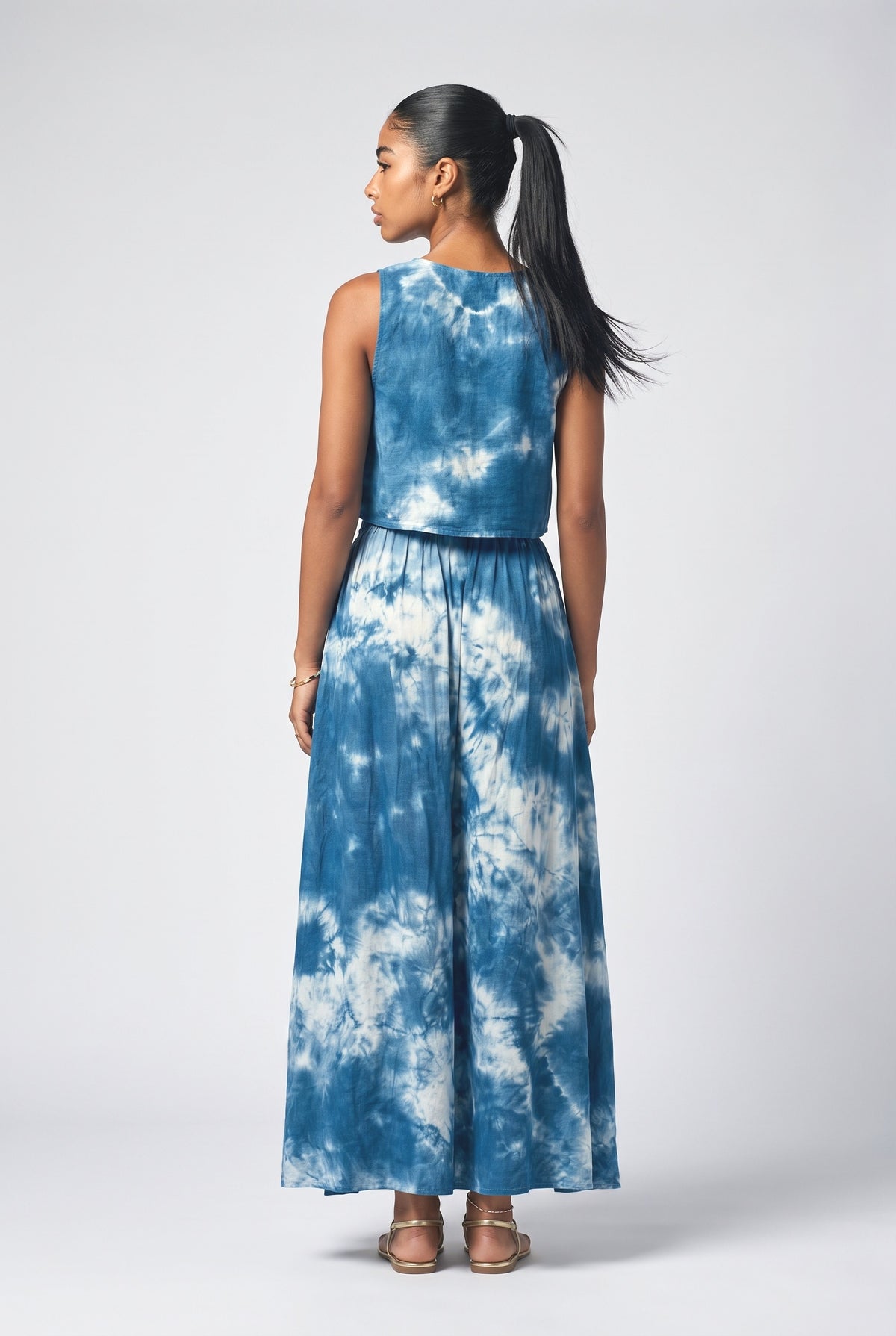 Blue Tie-Dye Sleeveless Outfit Set, back view