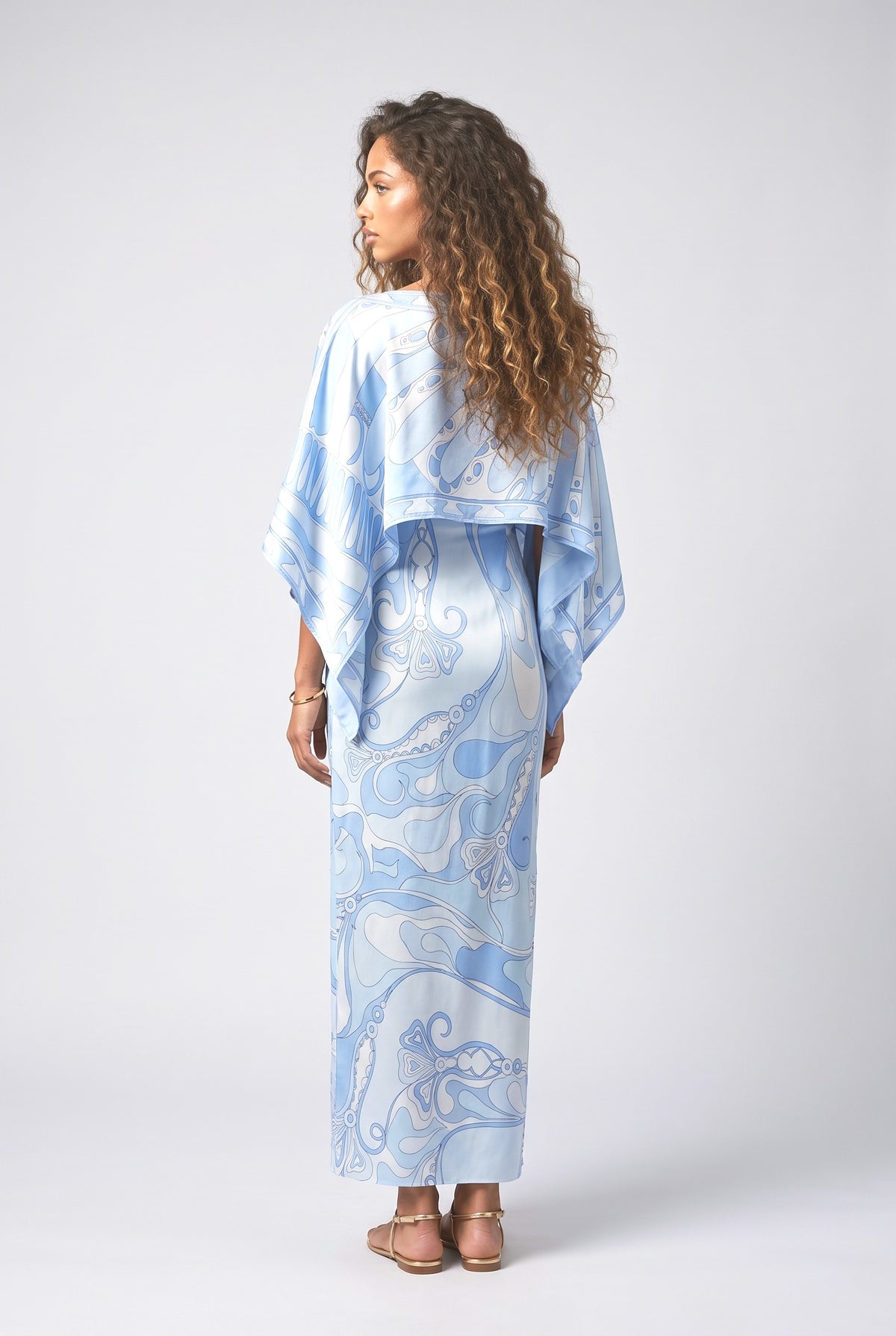 Blue Abstract Satin Cape Outfit Set, back view