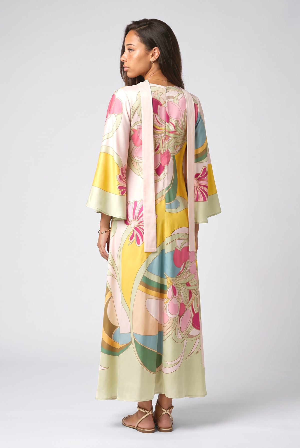 Multicolor Floral Satin Relaxed Maxi Dress, back view