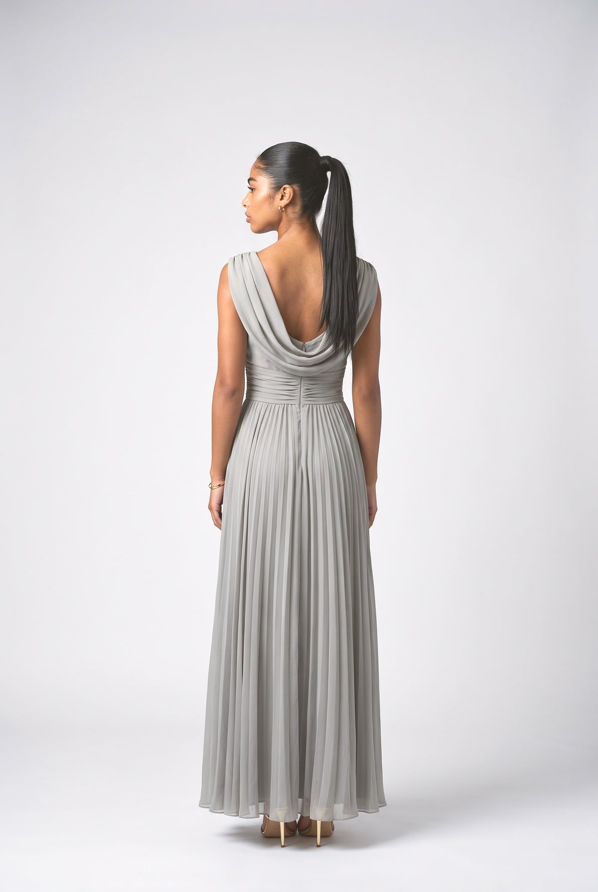 Gray Chiffon Pleated Maxi Dress, back view