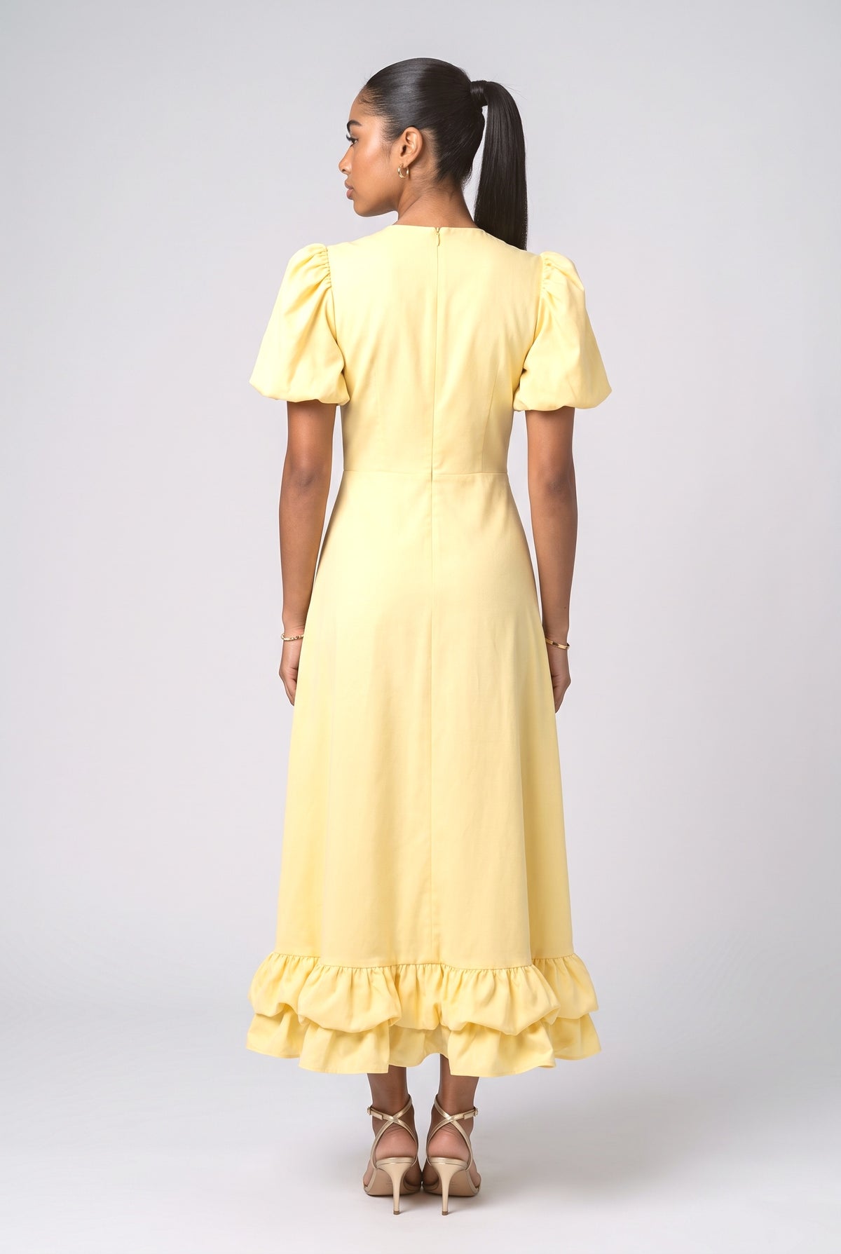 Puff Sleeve Ruffle Maxi Dress, back view