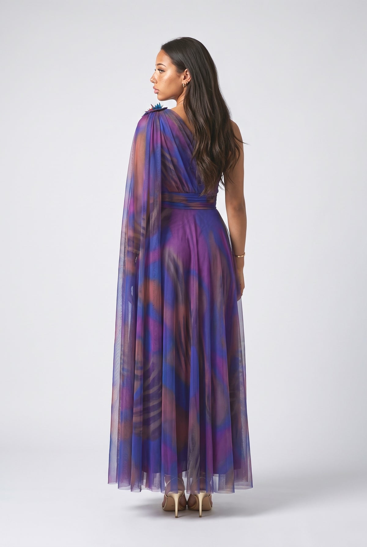 Print Tulle One-Shoulder Cape Maxi Dress, back view