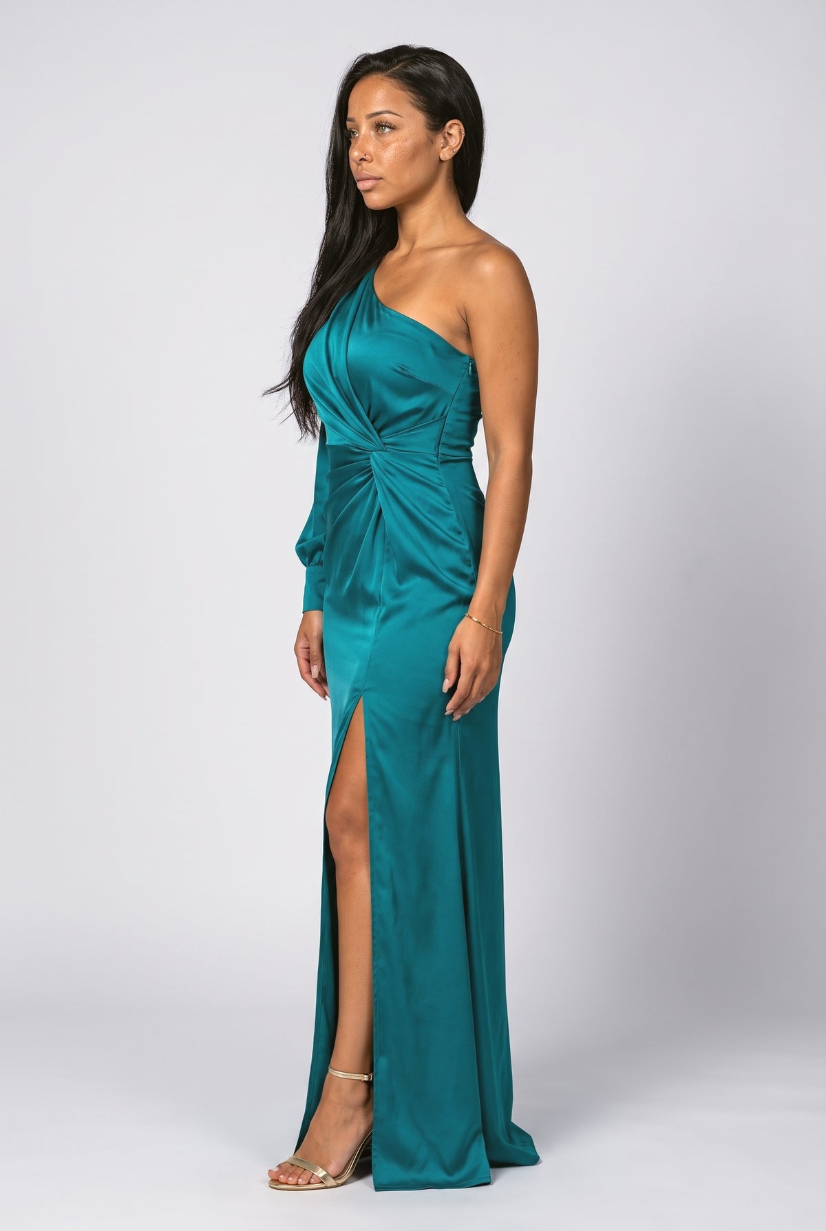 Satin One-Shoulder Ruched Cocktail Dress, back view