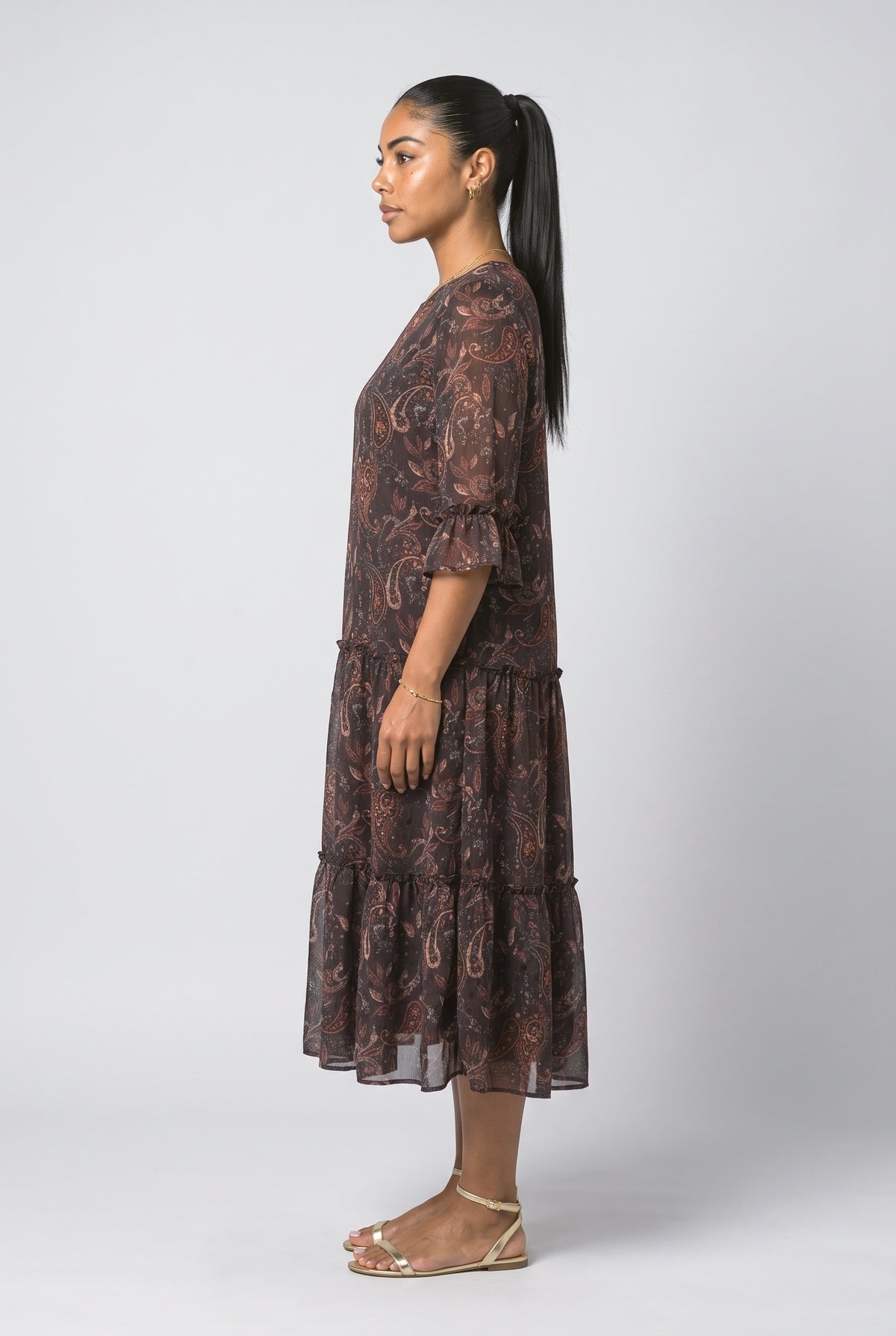 Chiffon Paisley Tiered Midi Dress, back view