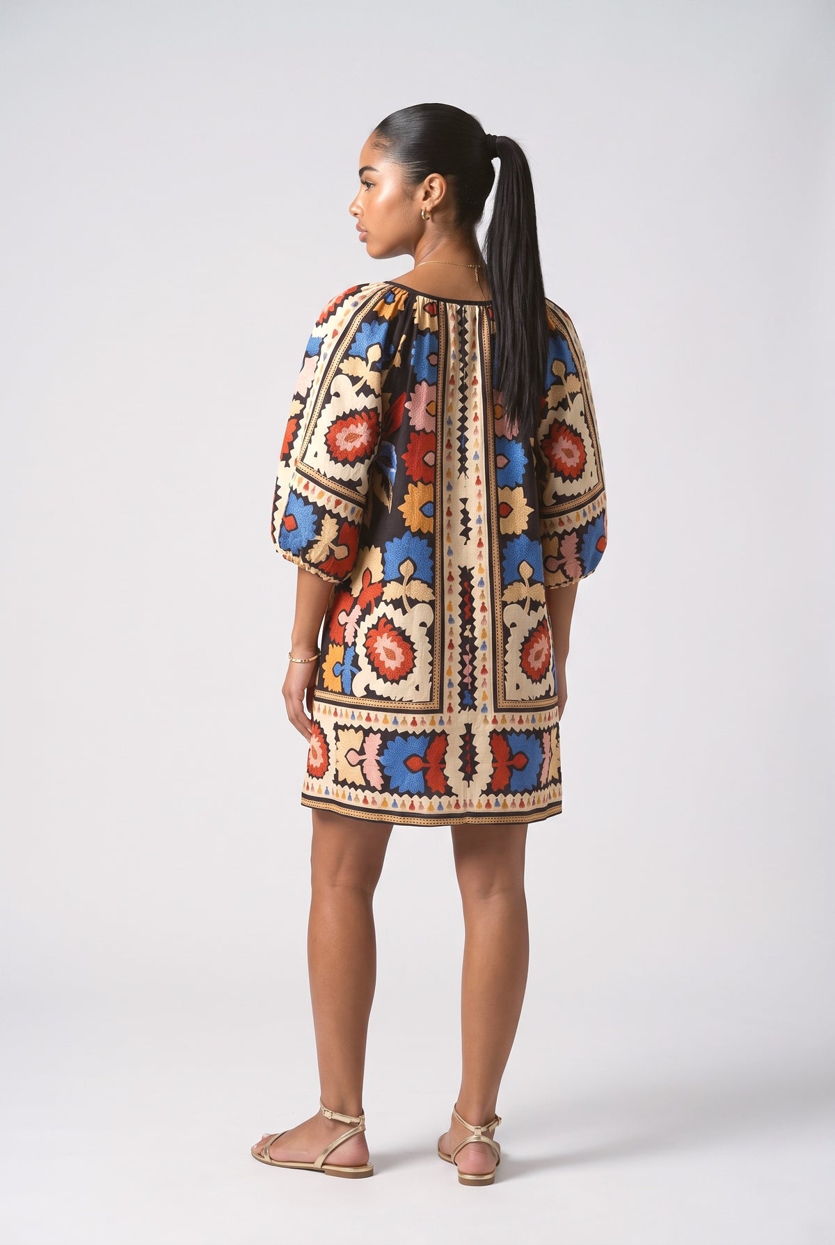 Bohemian Style Ethnic Print Short-sleeved Mini Dress, back view