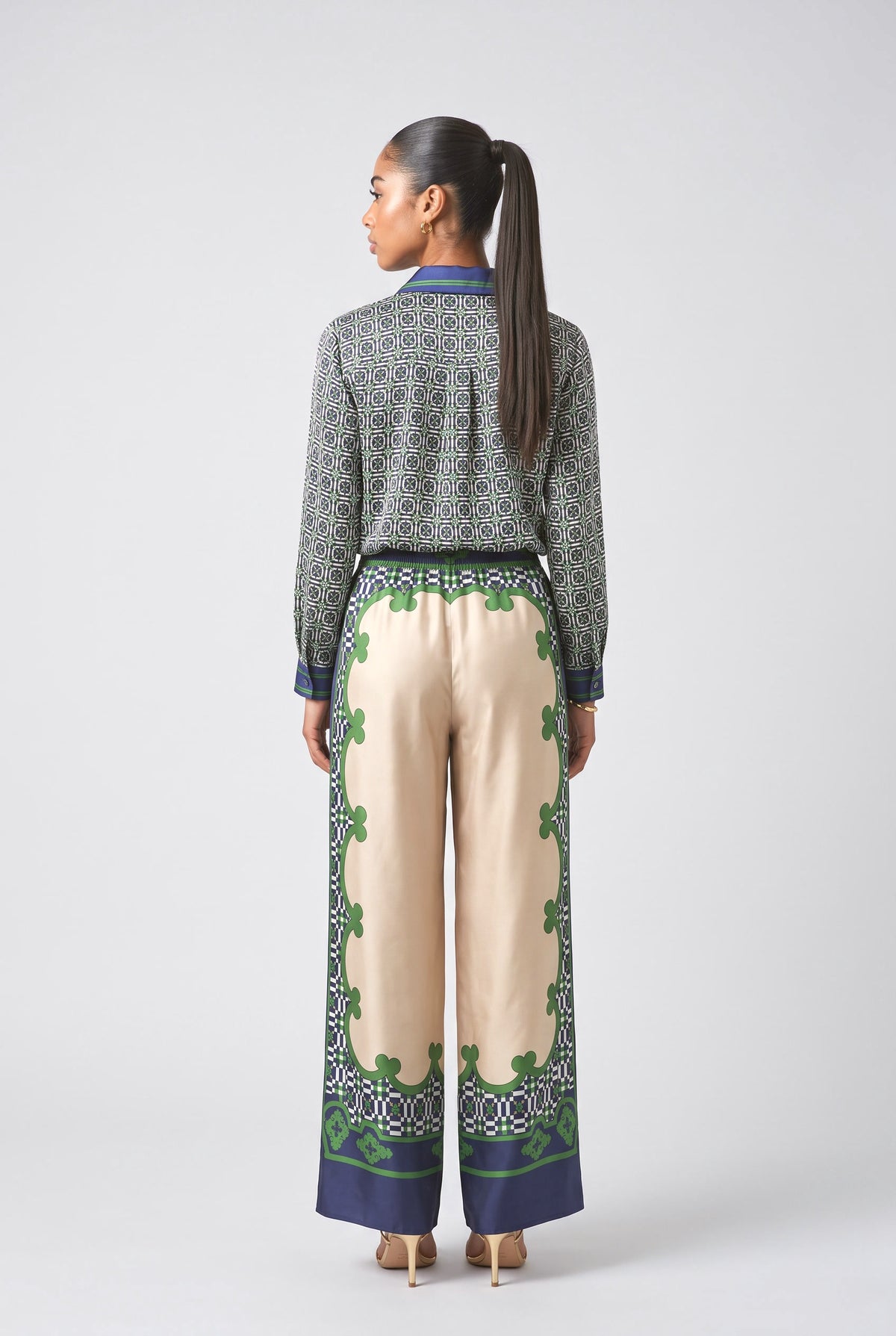 Green Geometric Satin Outfit Set, back view