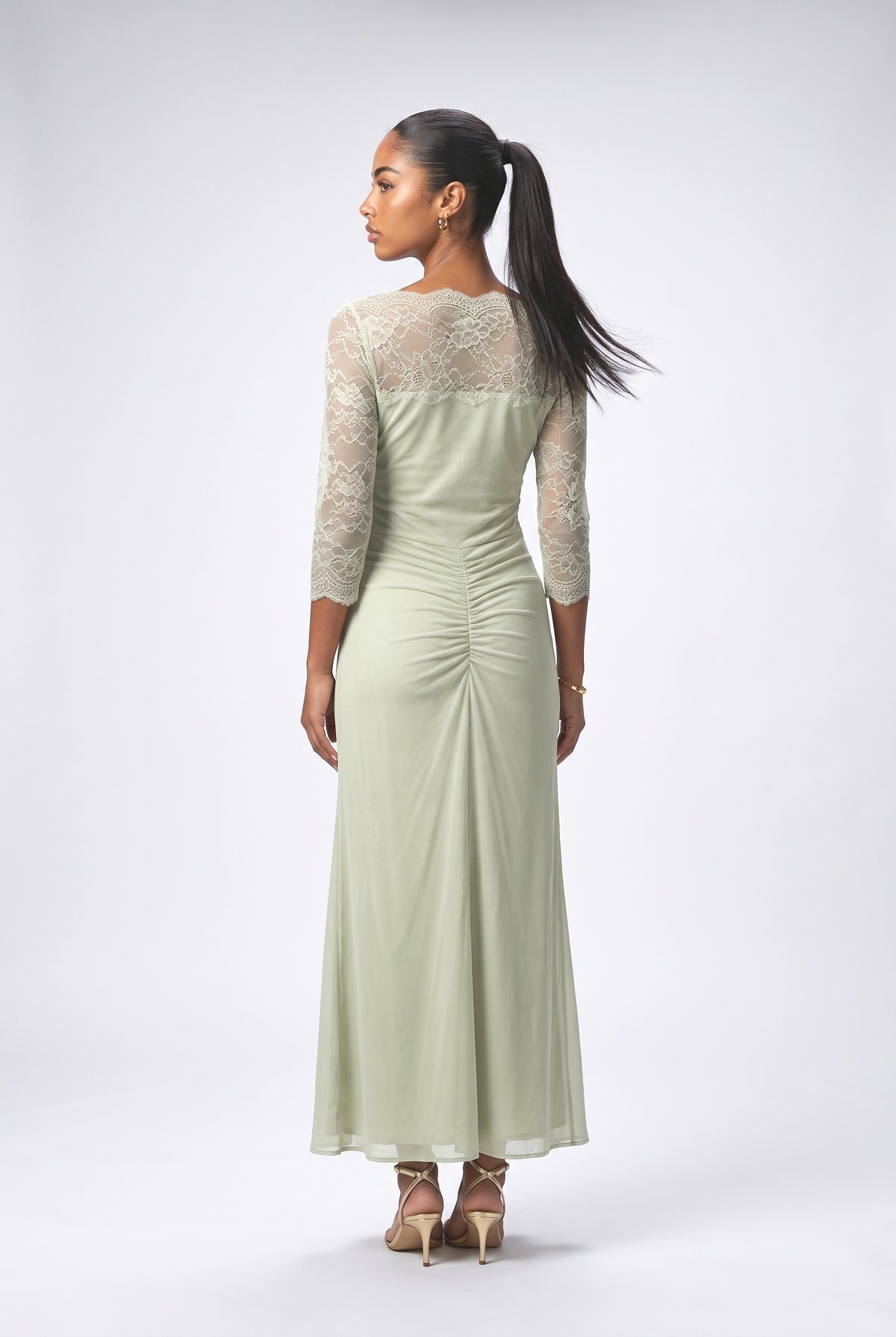 Green Lace Ruched Maxi Dress, back view