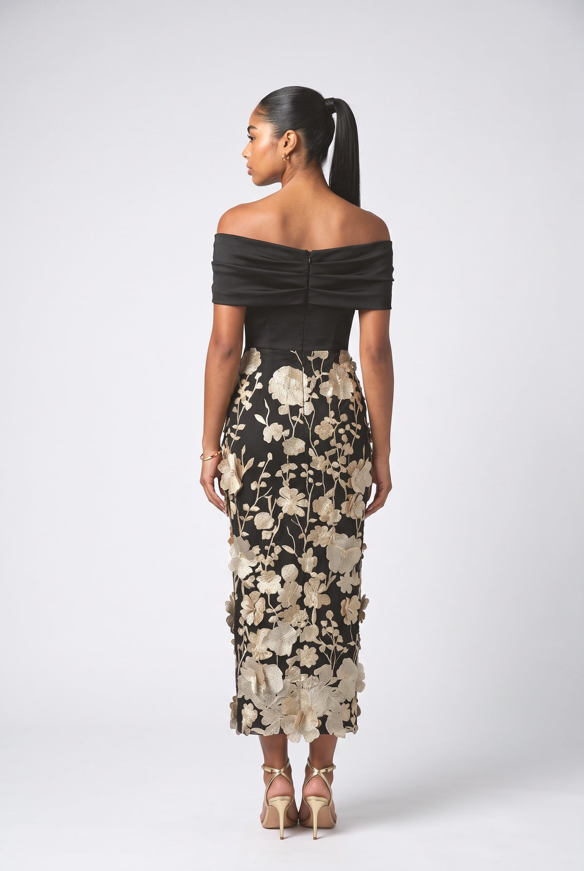 Floral Embroidered Off-Shoulder Maxi Dress, back view