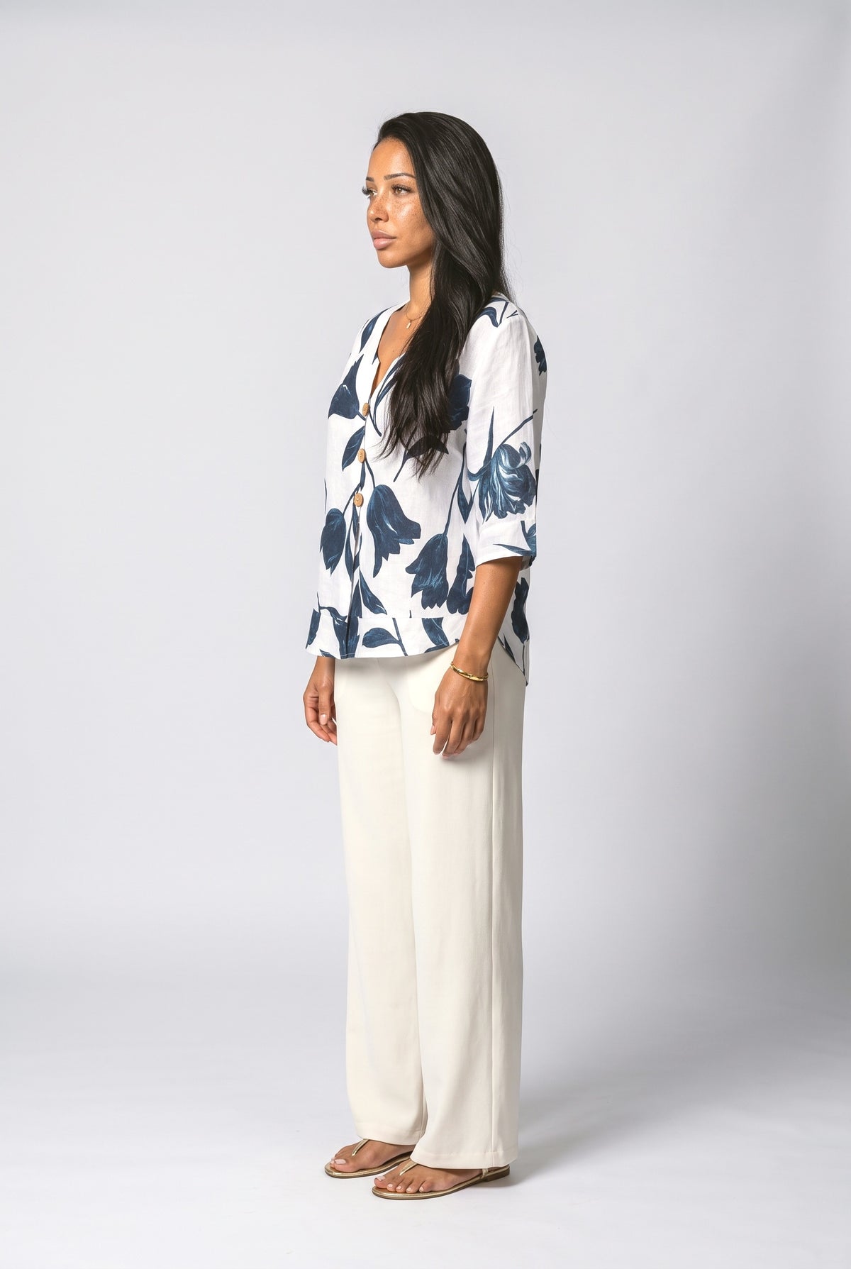 Linen V-Neck Floral Blouse, back view