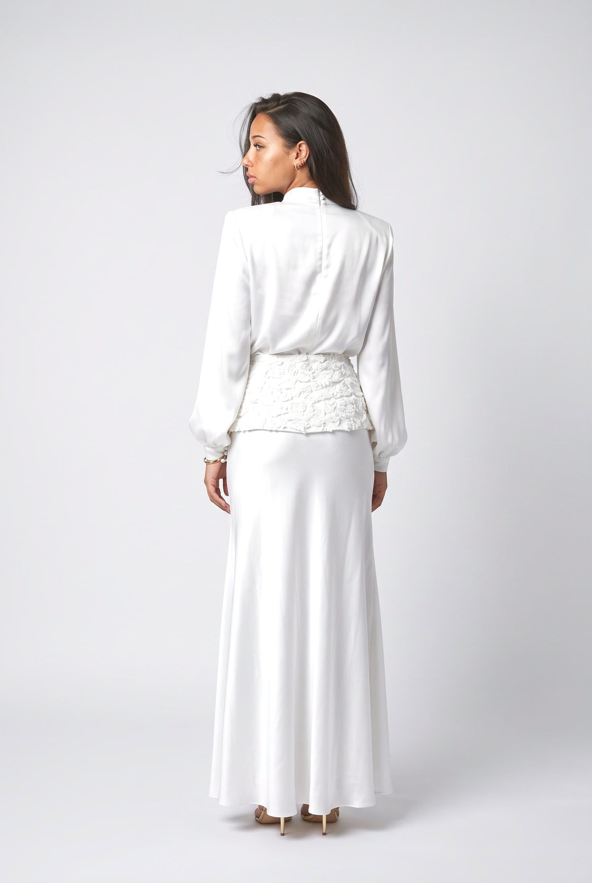 Satin Top & Embroidered Waistband Skirt Two-Piece Set, back view