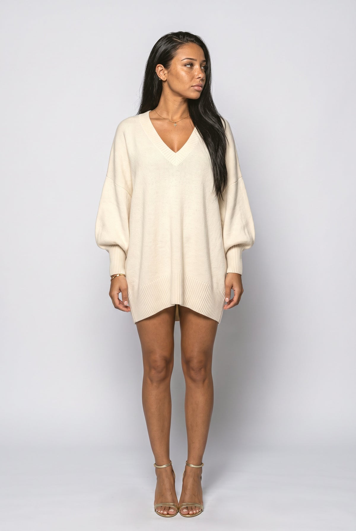 V-Neck Puff Sleeve Oversized Sweater, back view