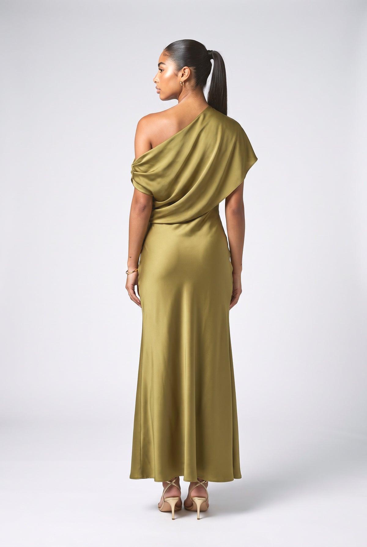 Green Satin One-Shoulder Asymmetric Dress, back view