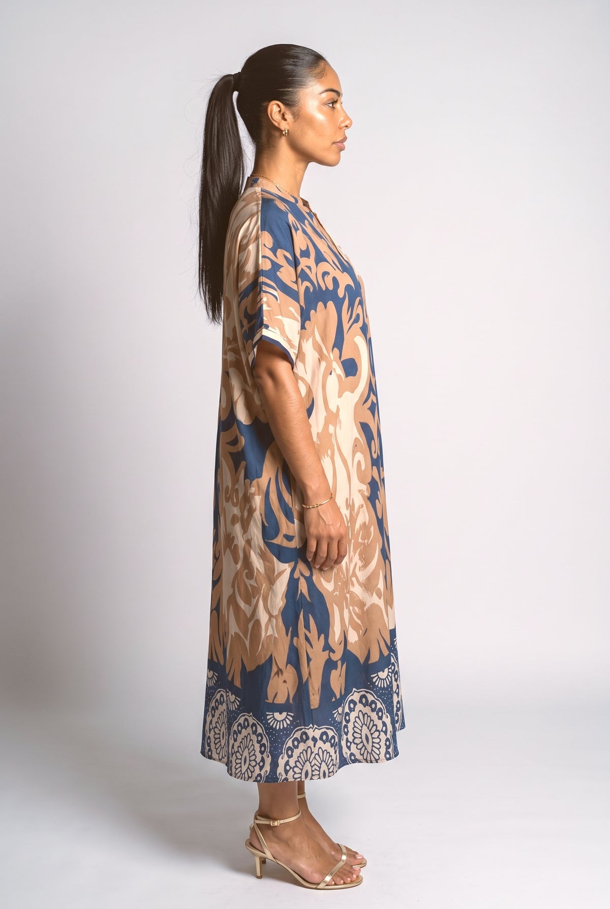 Blue V-Neck Relaxed Midi Dress, back view