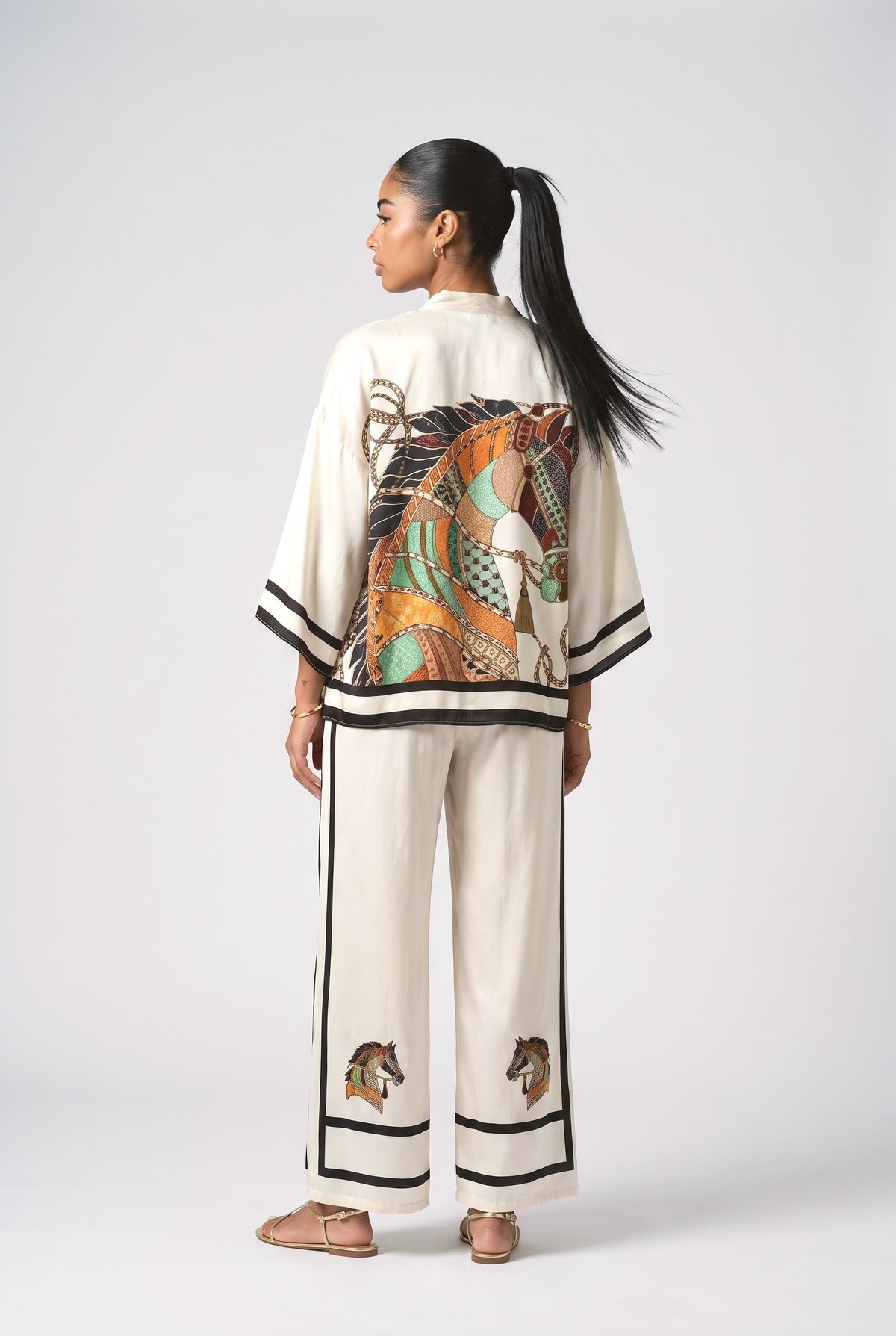 Horse Print Satin Kimono Top & Pants Two-Piece Set, back view