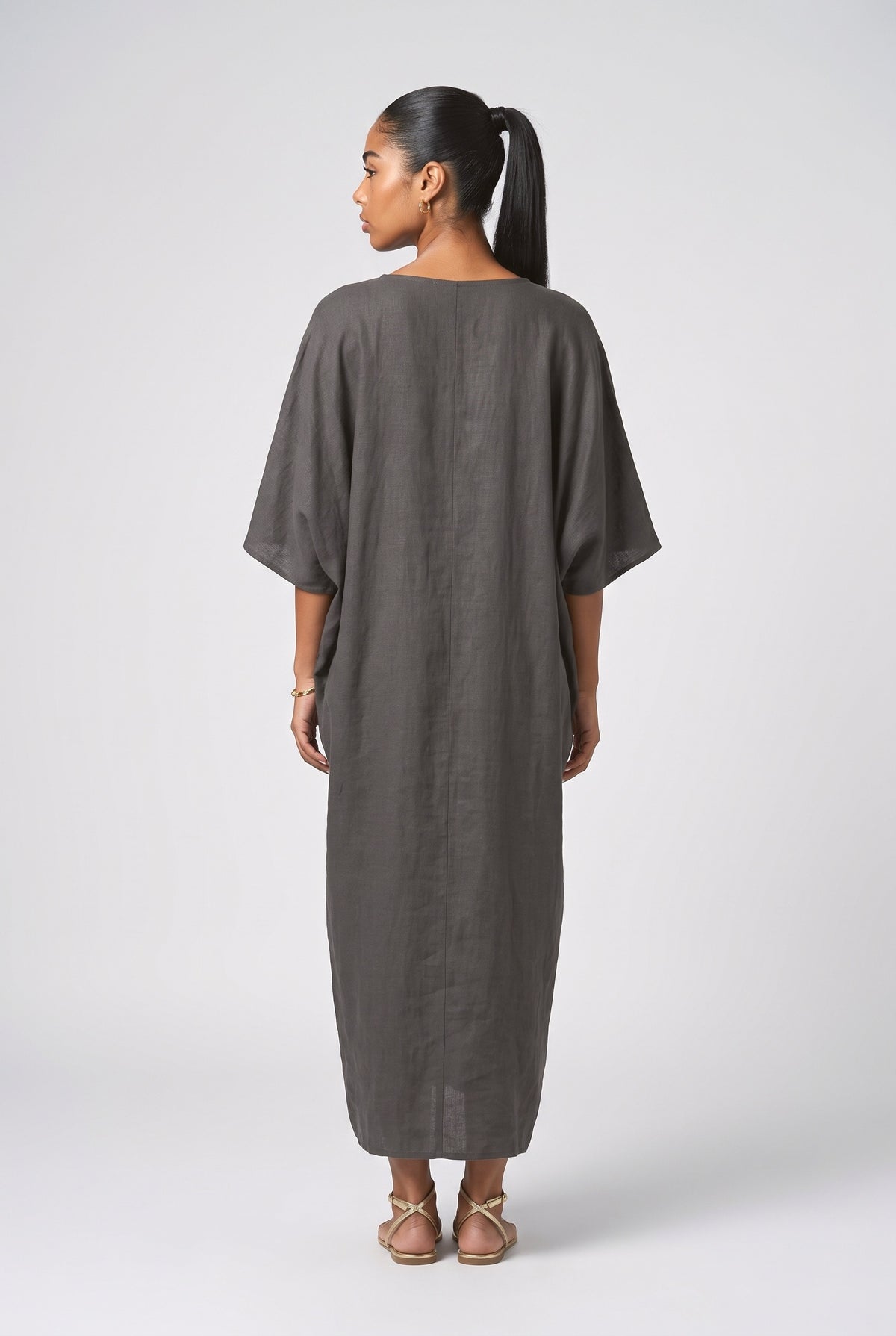 Gray Linen Batwing Sleeve Relaxed Maxi Dress, back view