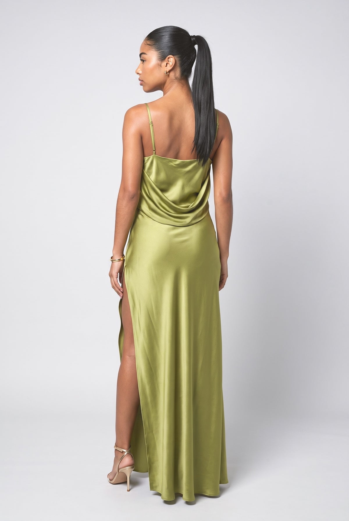 Green Satin Ruffle Maxi Dress, back view