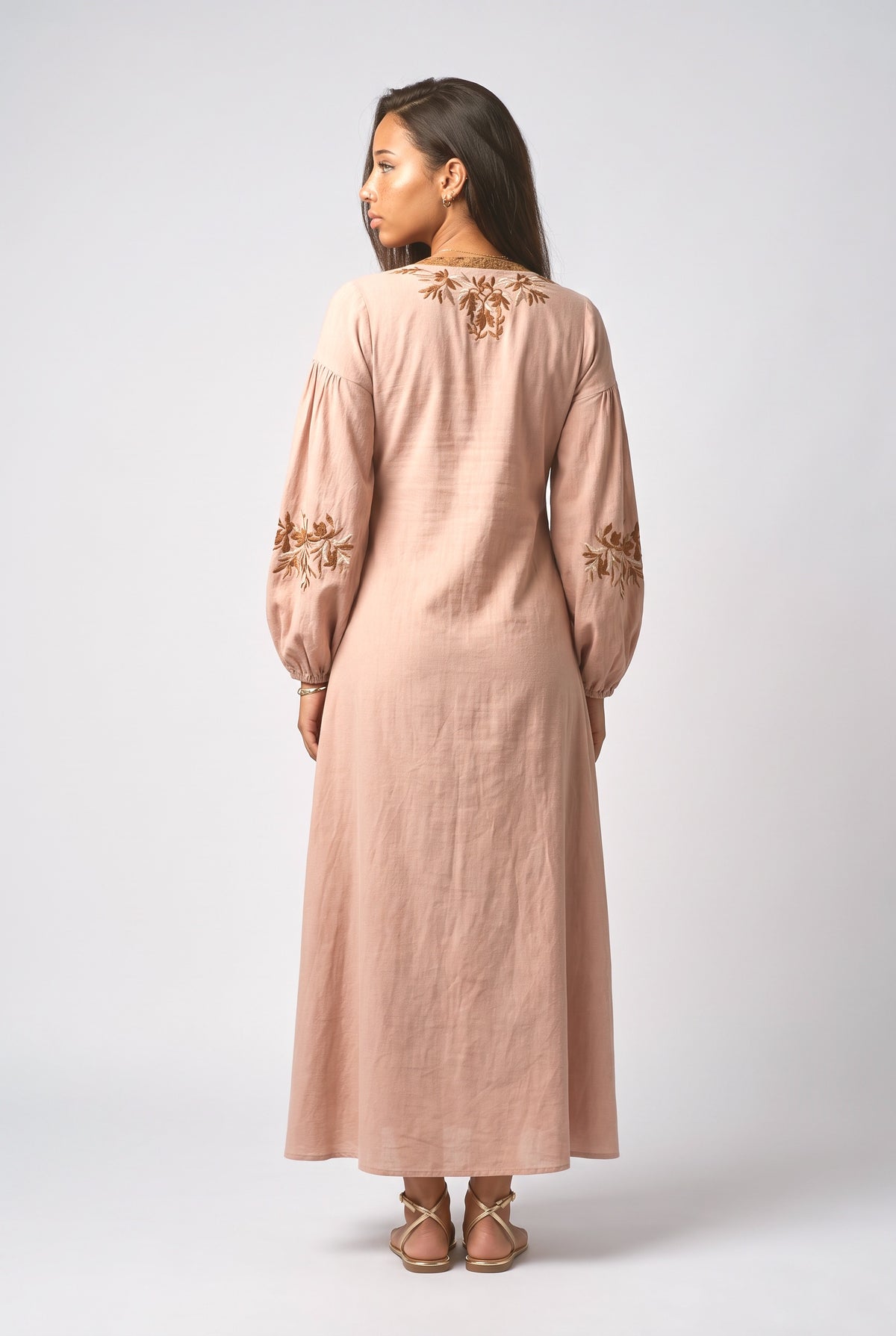 Pink Floral V-Neck Puff Sleeve Maxi Dress, back view