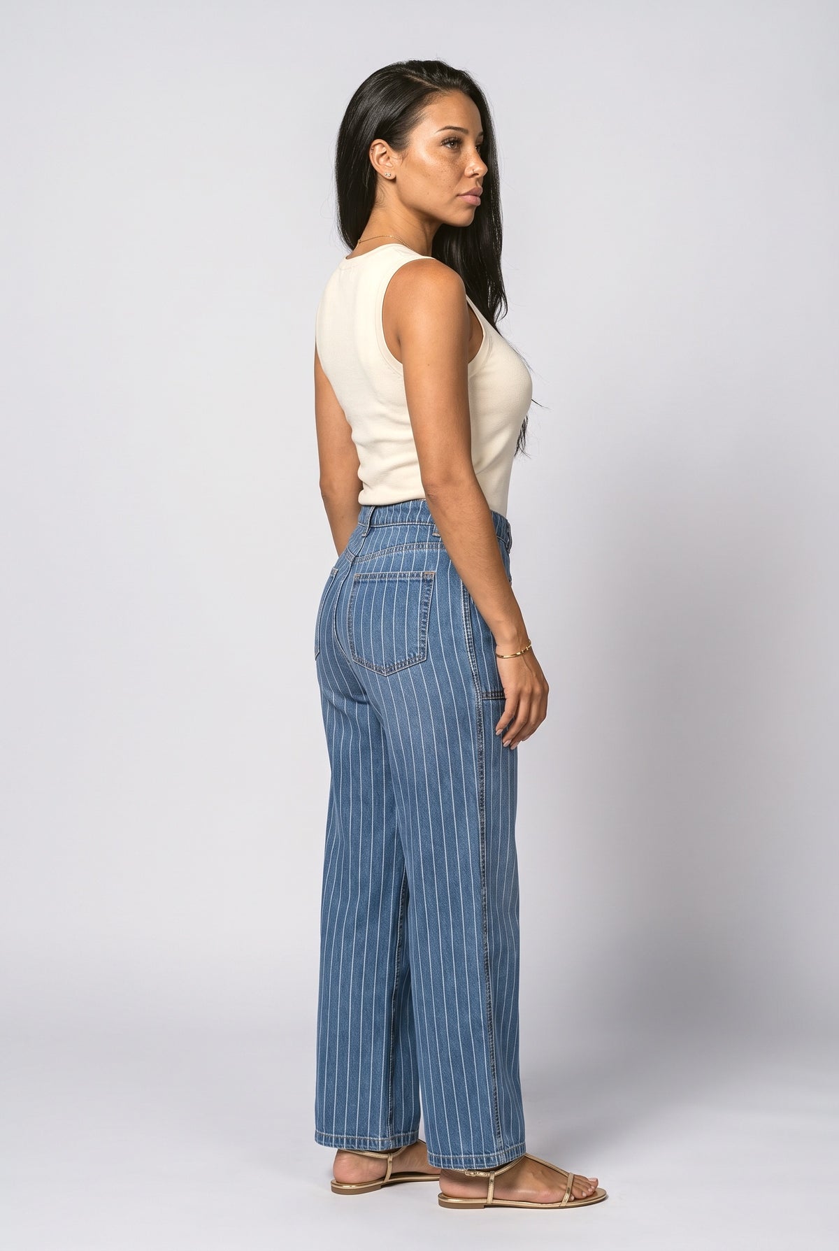 Blue Denim Striped Women's Jeans, back view