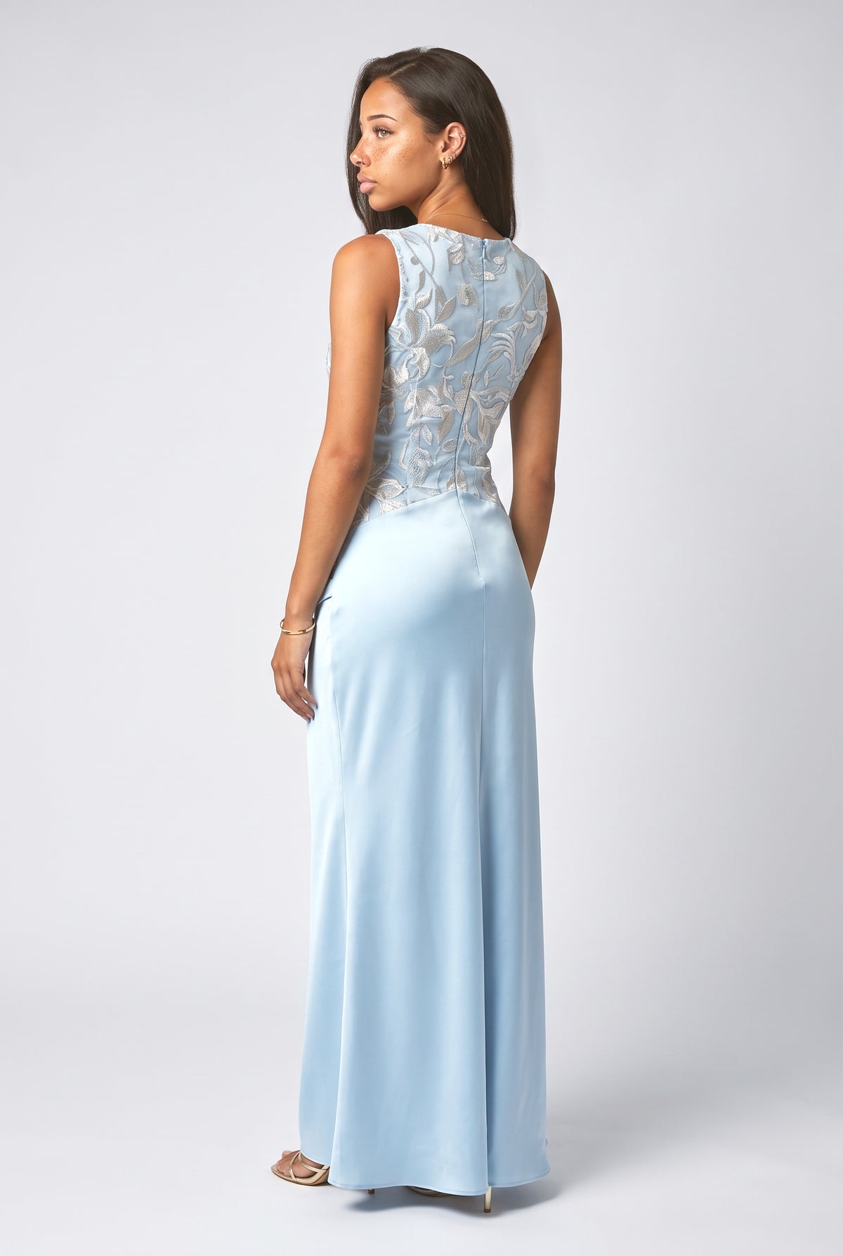 Satin Crew Neck Sleeveless Maxi Dress, back view