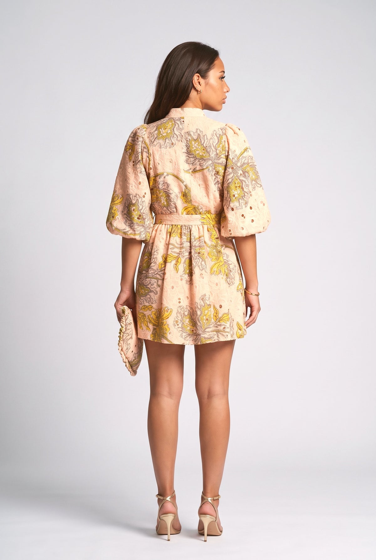 Multicolor Lace Puff Sleeve Mini Dress, back view