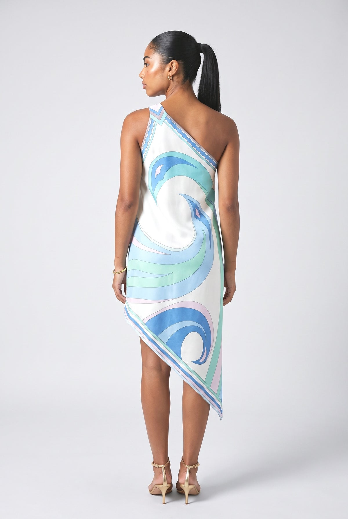 Blue Satin One-Shoulder Midi Dress, back view