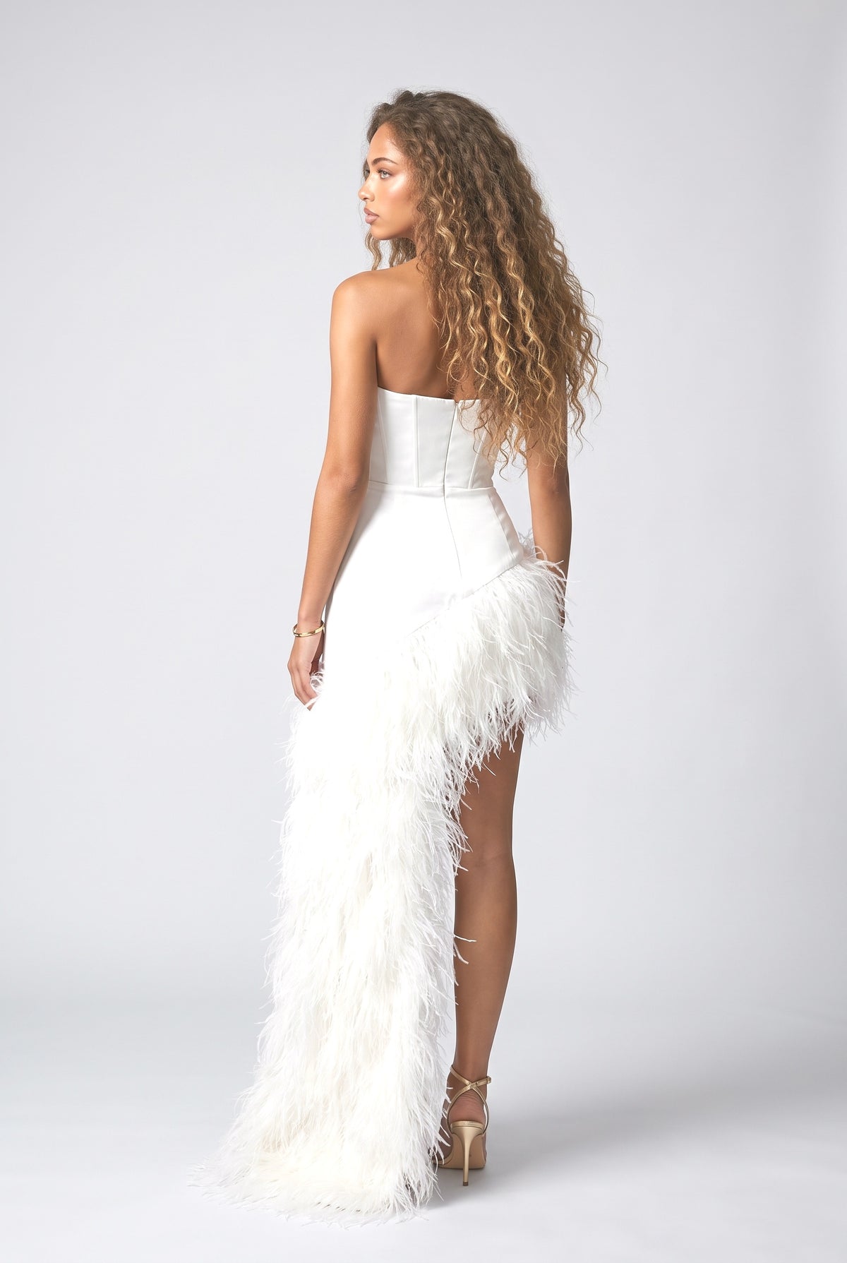 White Satin Strapless Feather Trim Maxi Dress, back view