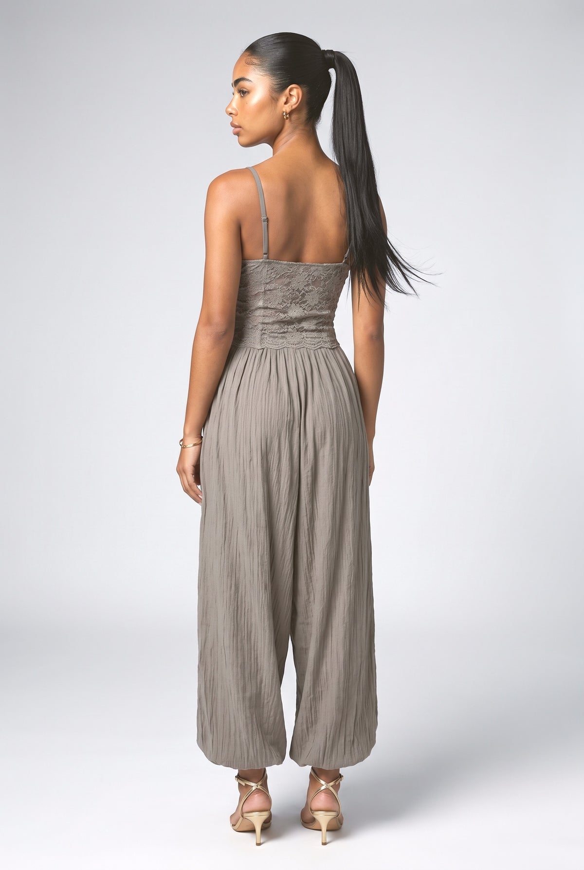 Gray Lace Strapless Ruched Outfit Set, back view