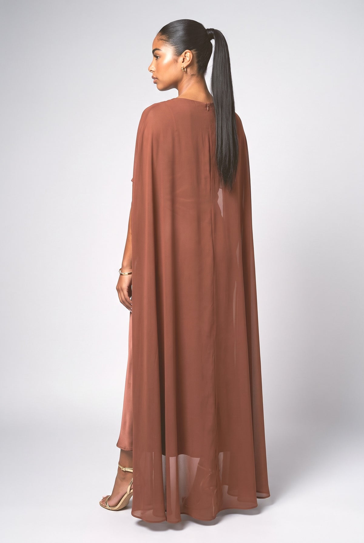 Satin and Sheer Chiffon Cape Maxi Dress, back view