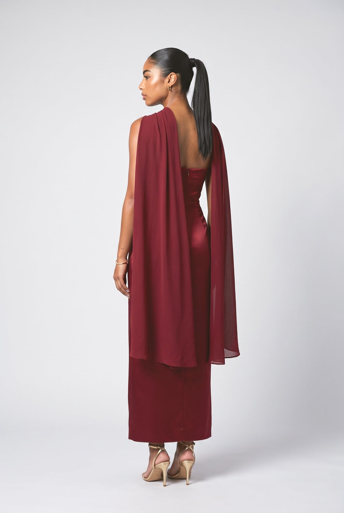 Satin Strapless Cape Maxi Dress, back view