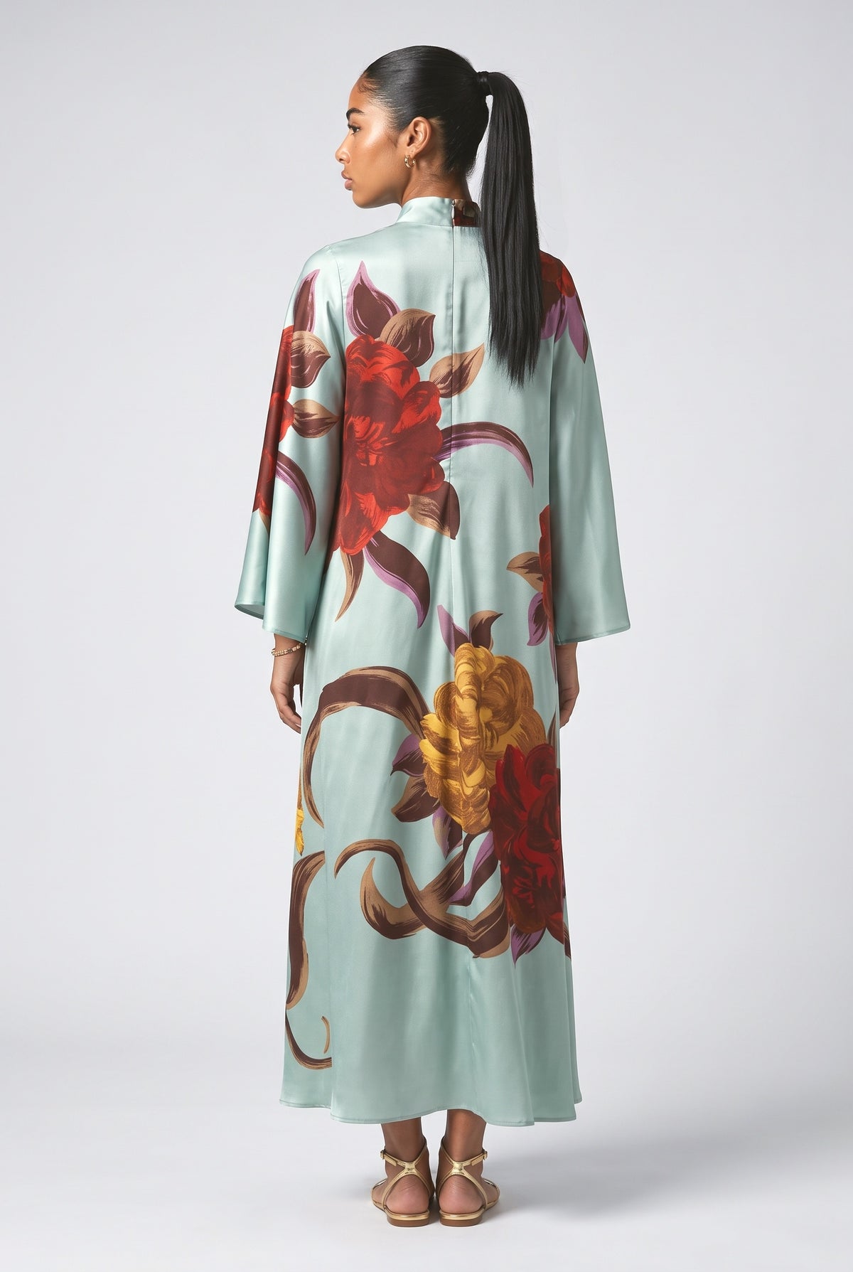 Blue Floral Satin Maxi Dress, back view