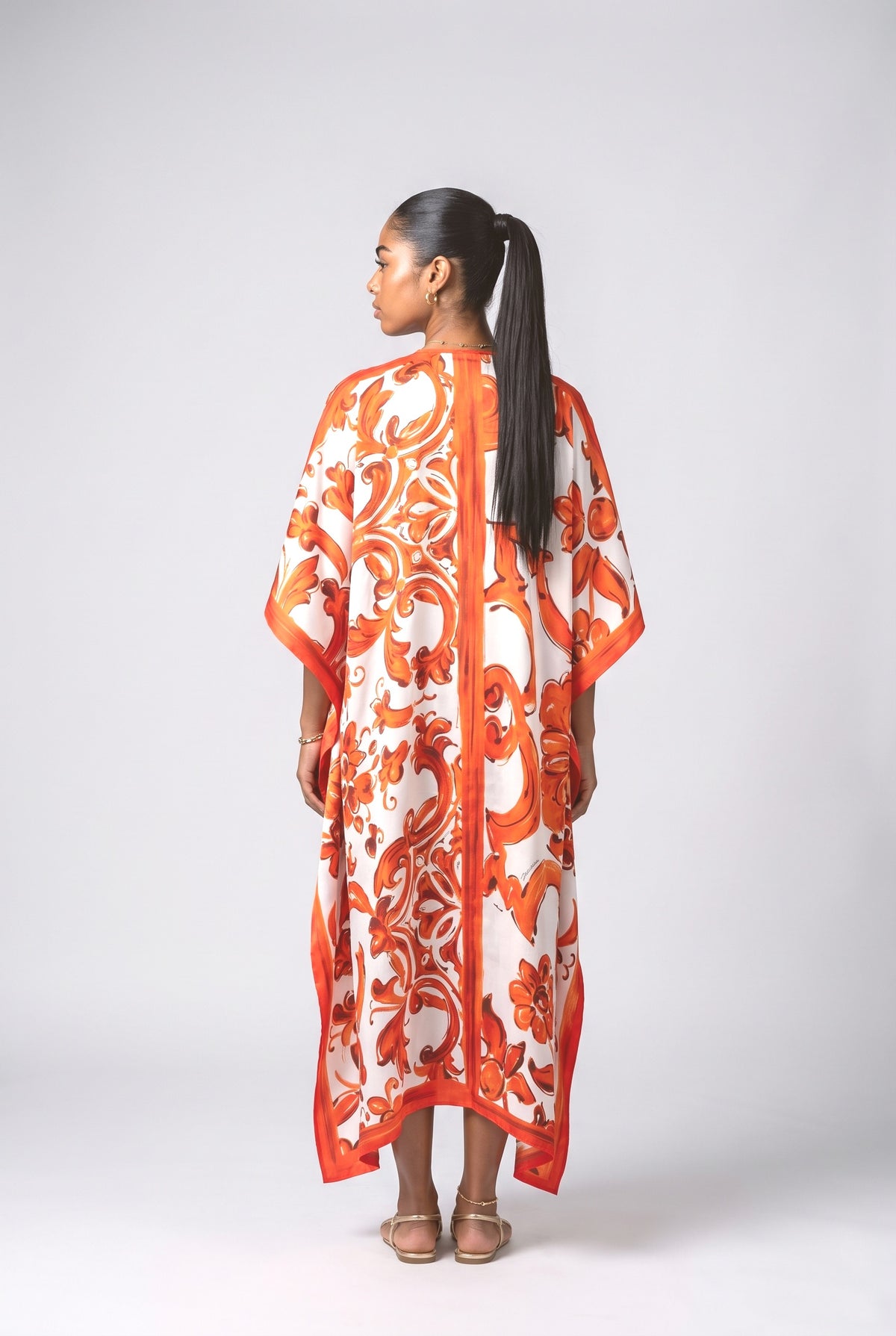 Self-Tie Satin Print Flowing Kaftan Maxi Dress, back view