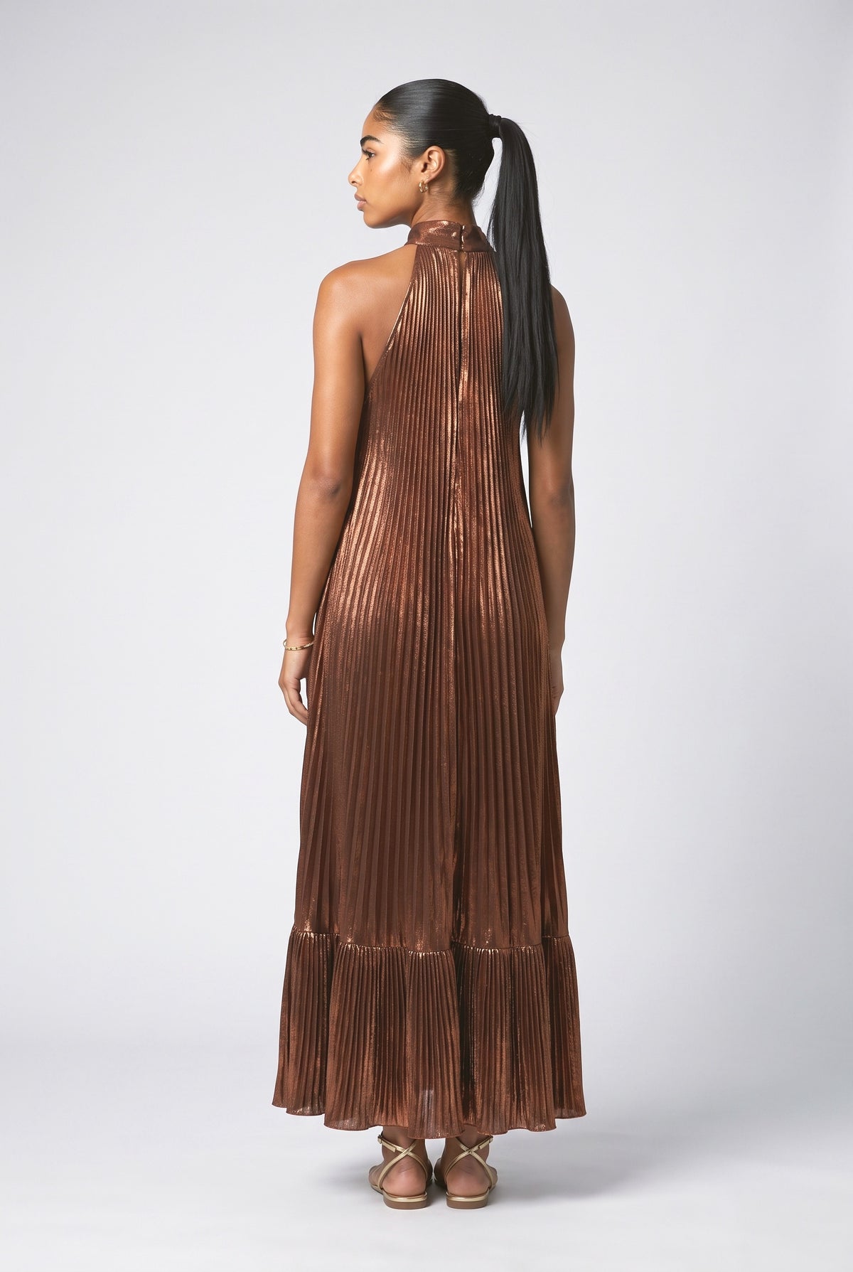 Brown Halter Neck Pleated Maxi Dress, back view