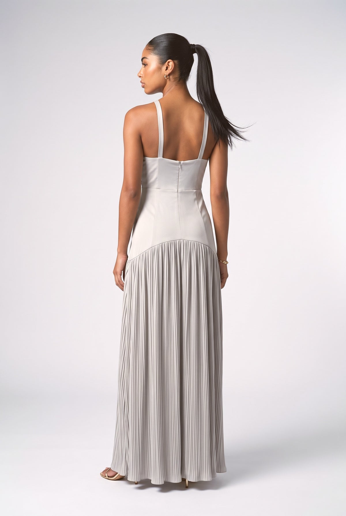 Blue V-Neck Ruched Maxi Dress, back view