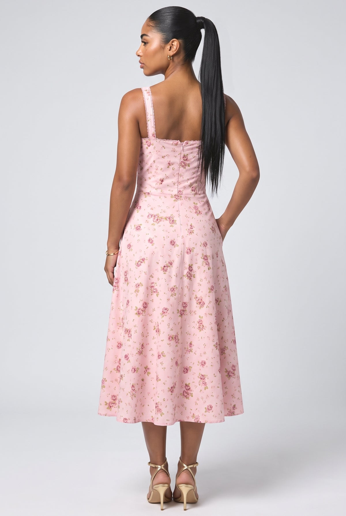 Pink Floral Midi Dress, back view