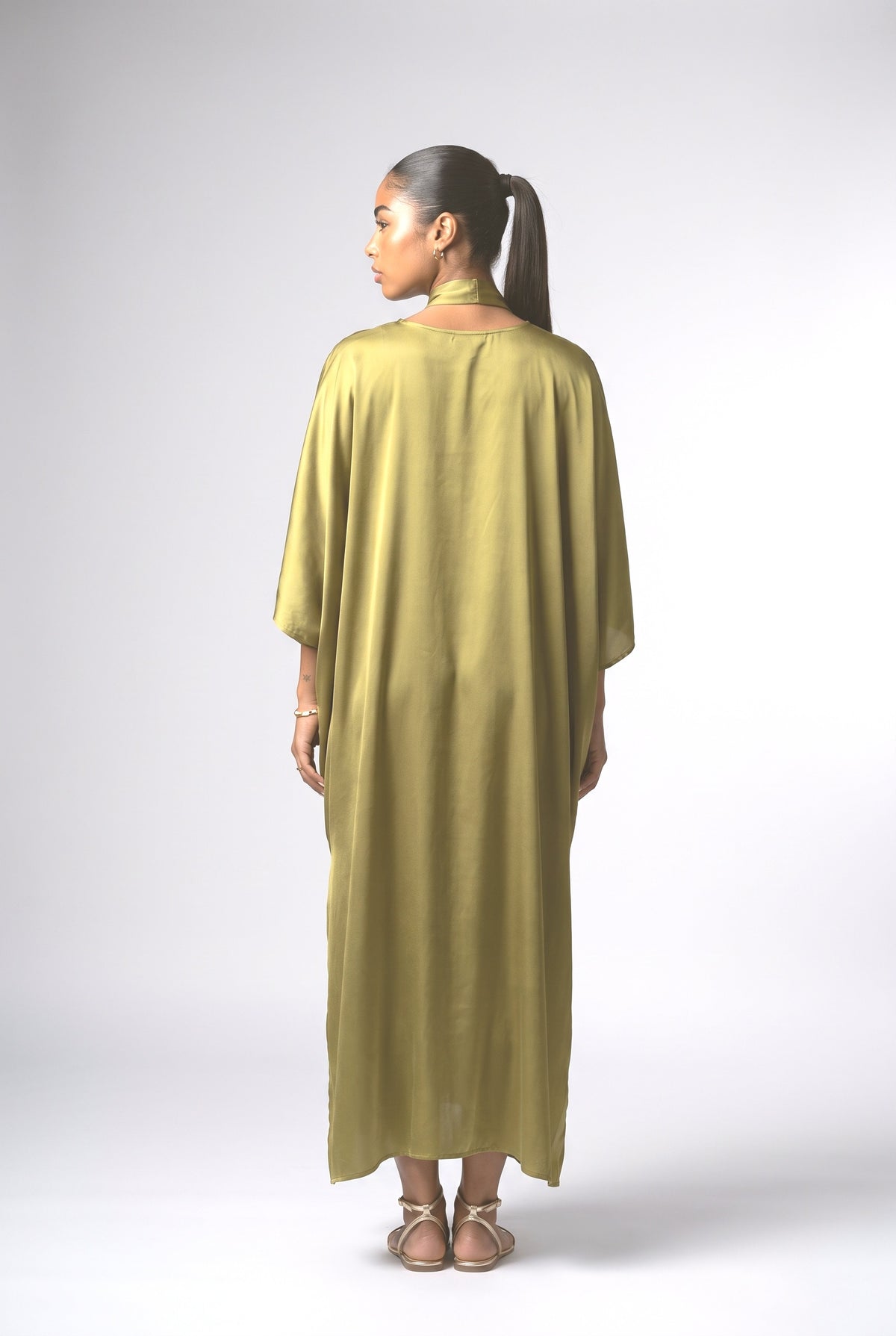 Satin Choker Neck Batwing Sleeve Kaftan Maxi Dress, back view