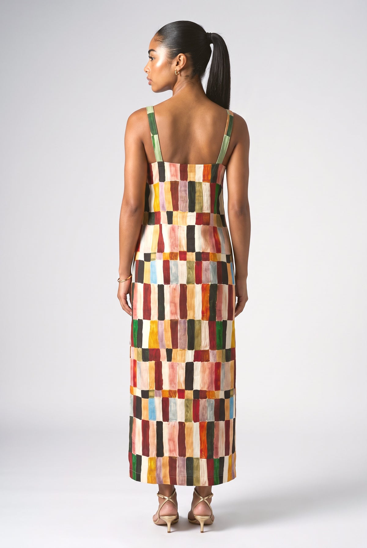 Multicolor Geometric Linen Backless Midi Dress, back view