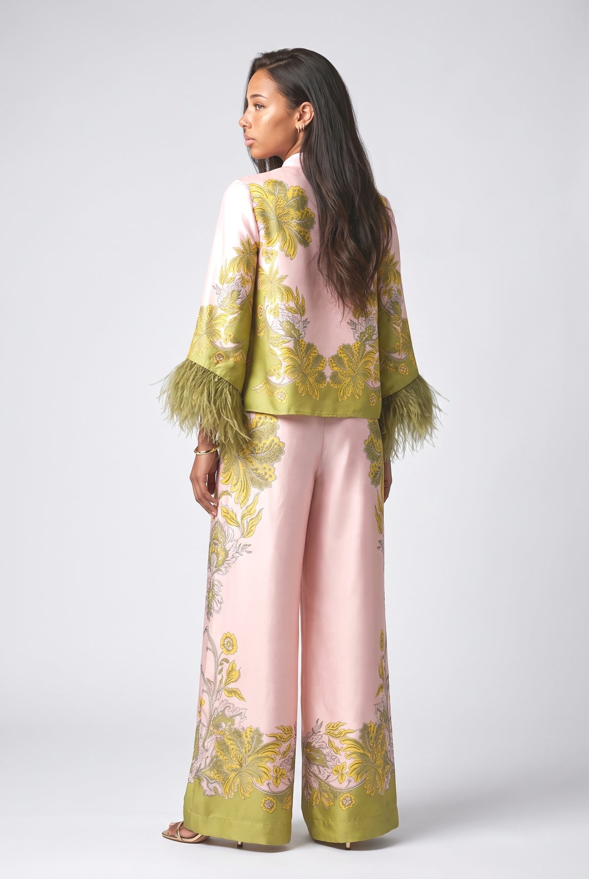 Multicolor Floral Feather Trim Outfit Set, back view