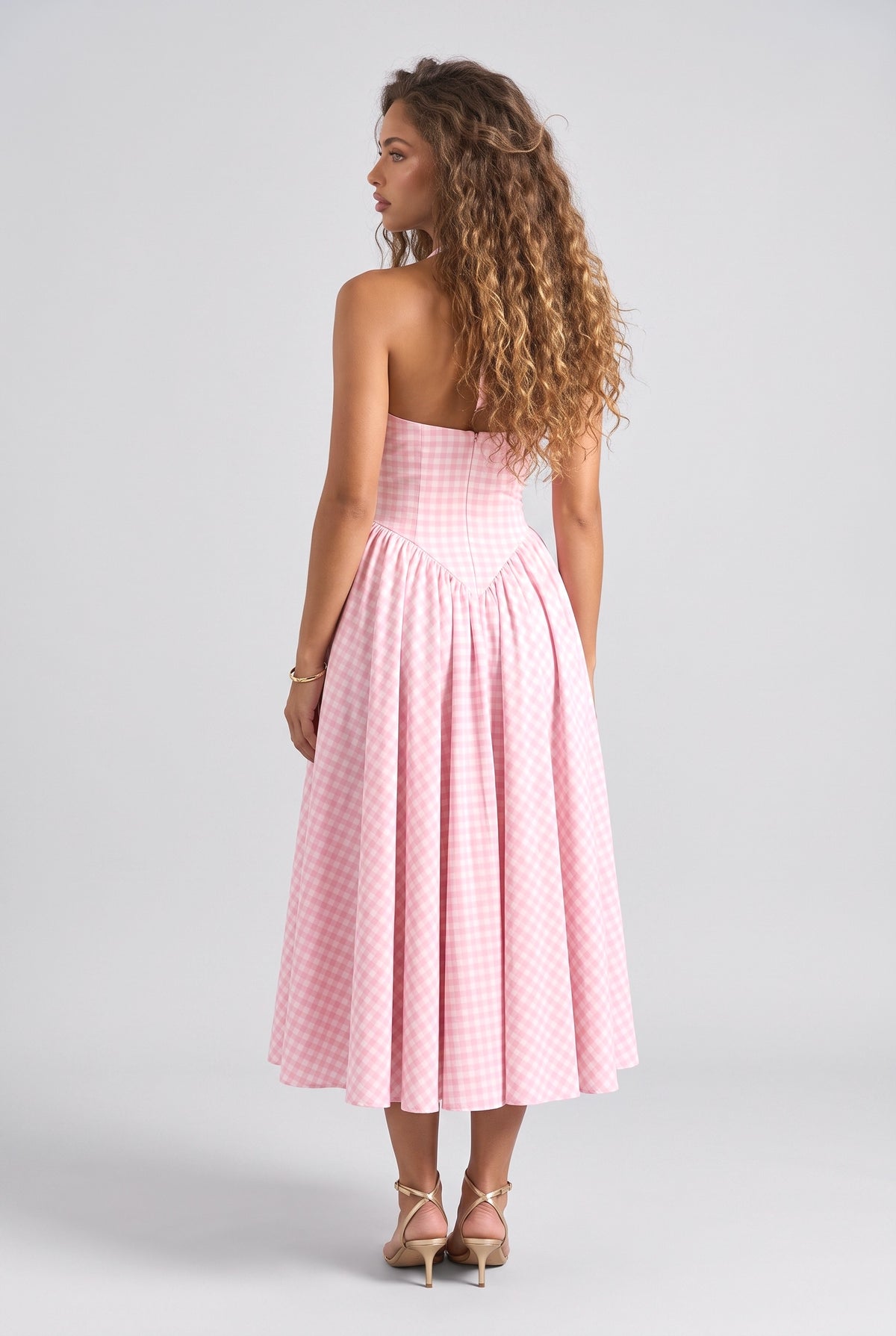 Pink Plaid V-Neck Midi Dress, back view
