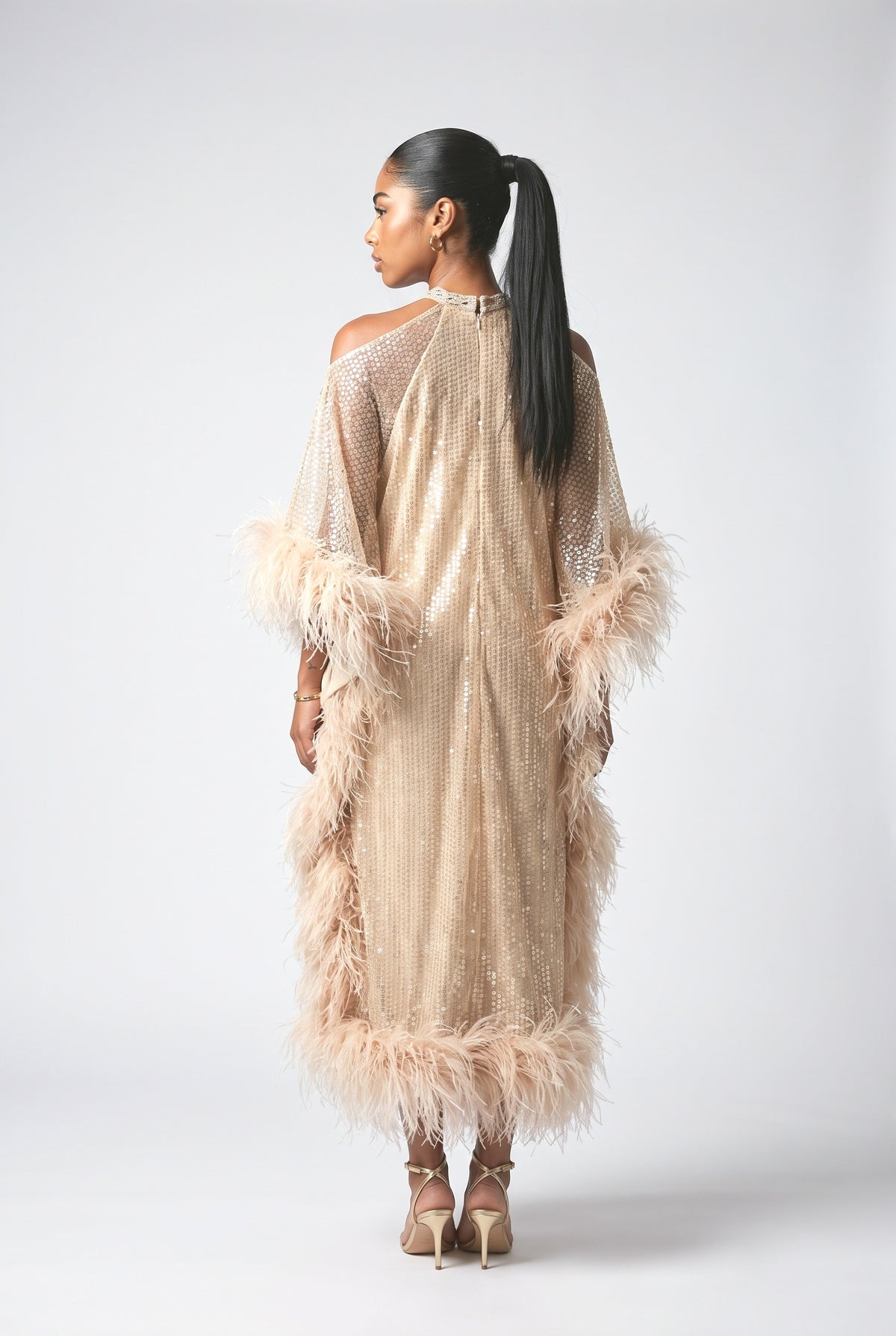 Beige Sequin Feather Trim Maxi Dress, back view