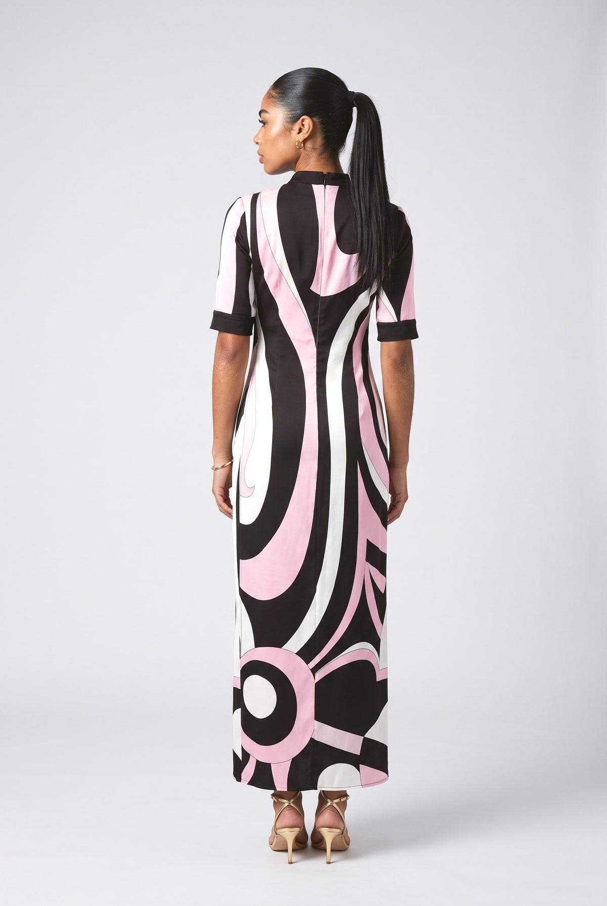 Pink Print Satin Maxi Dress, back view