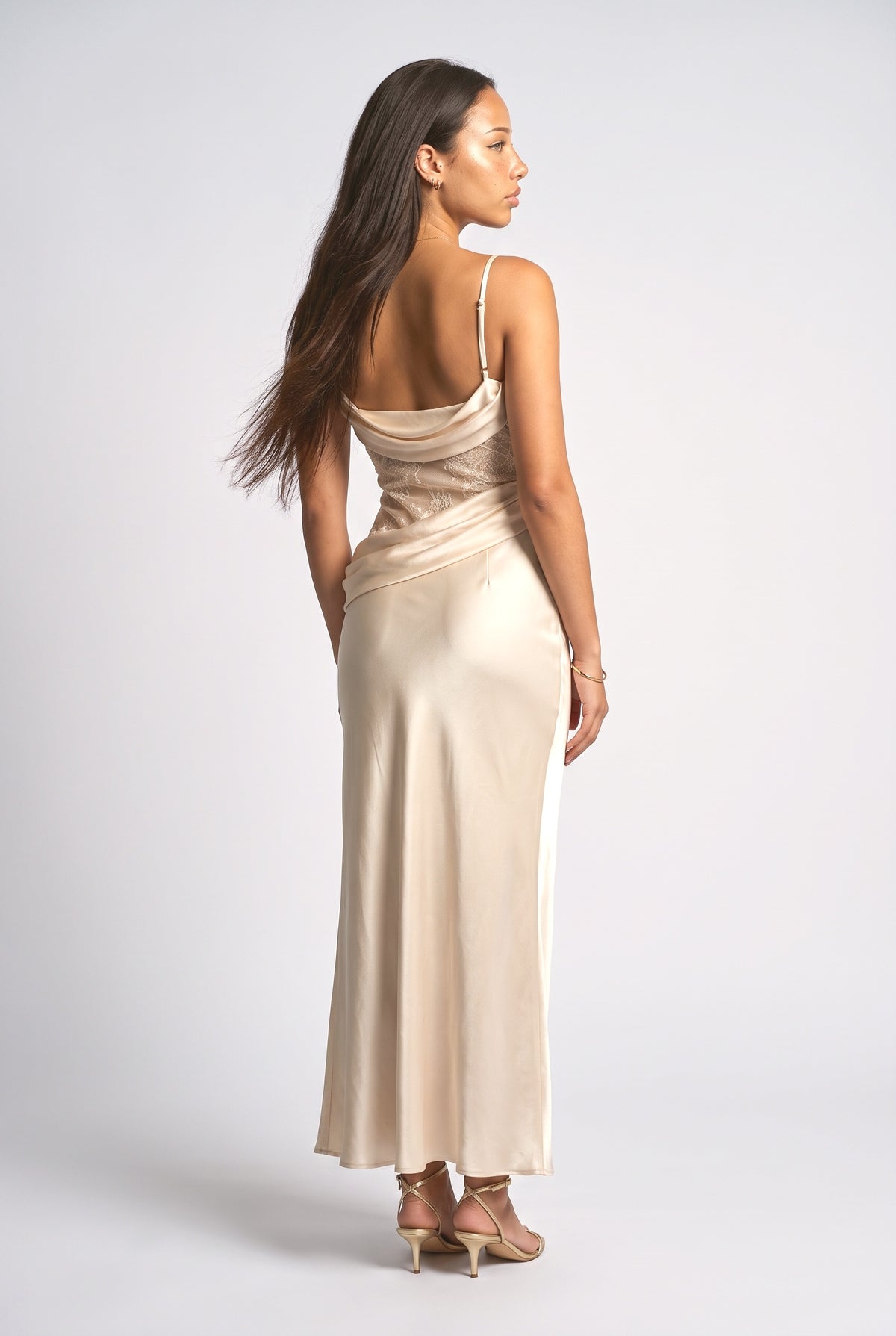 Beige Satin Maxi Dress, back view