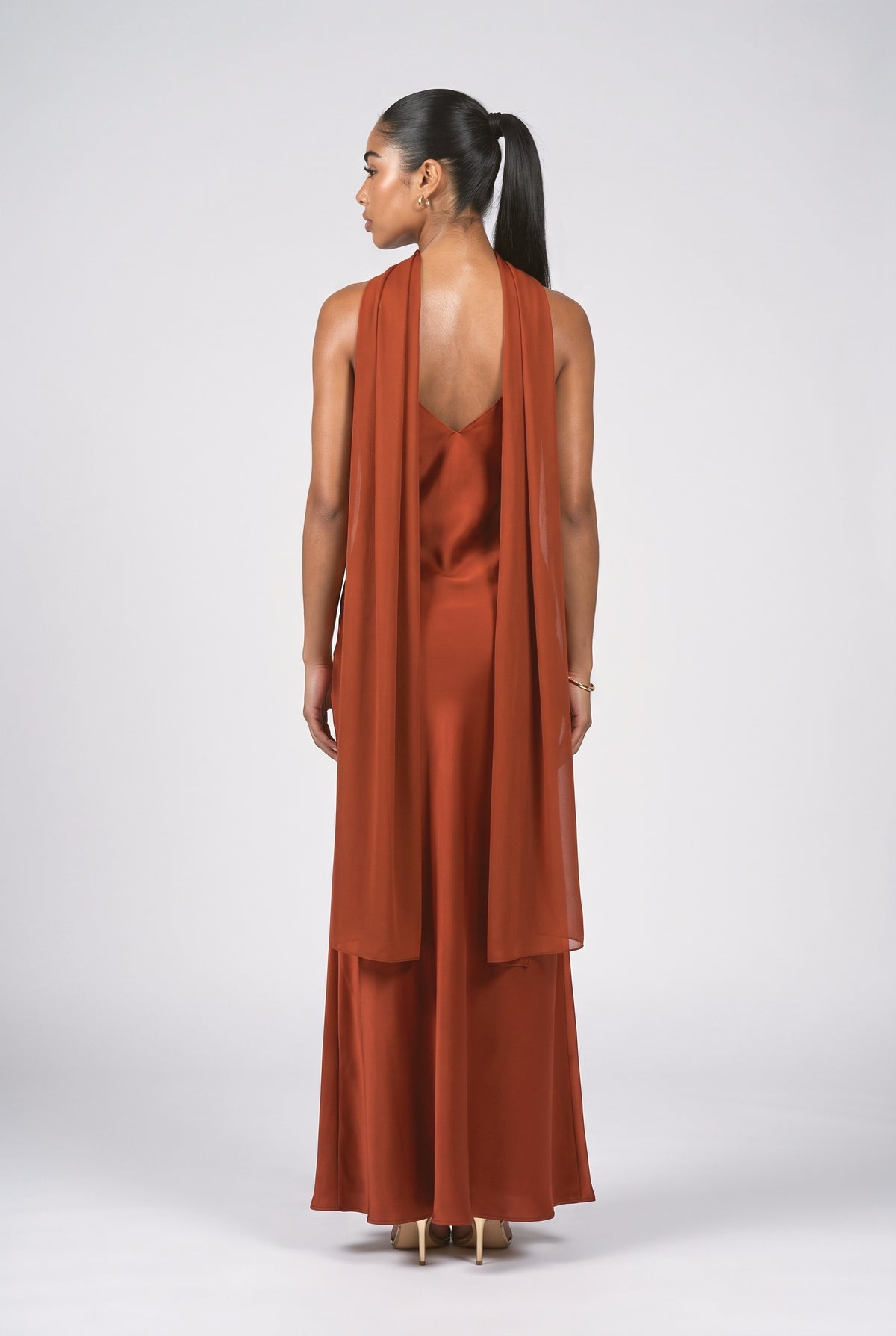 Orange Draped Maxi Dress, back view