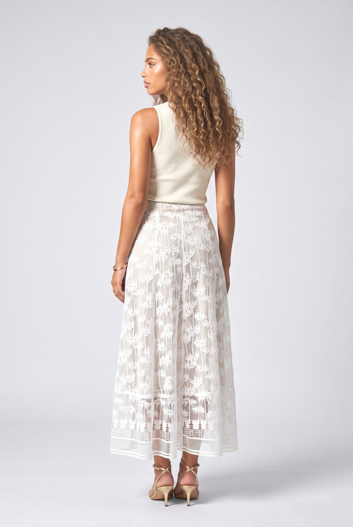White Lace Midi Skirt, back view
