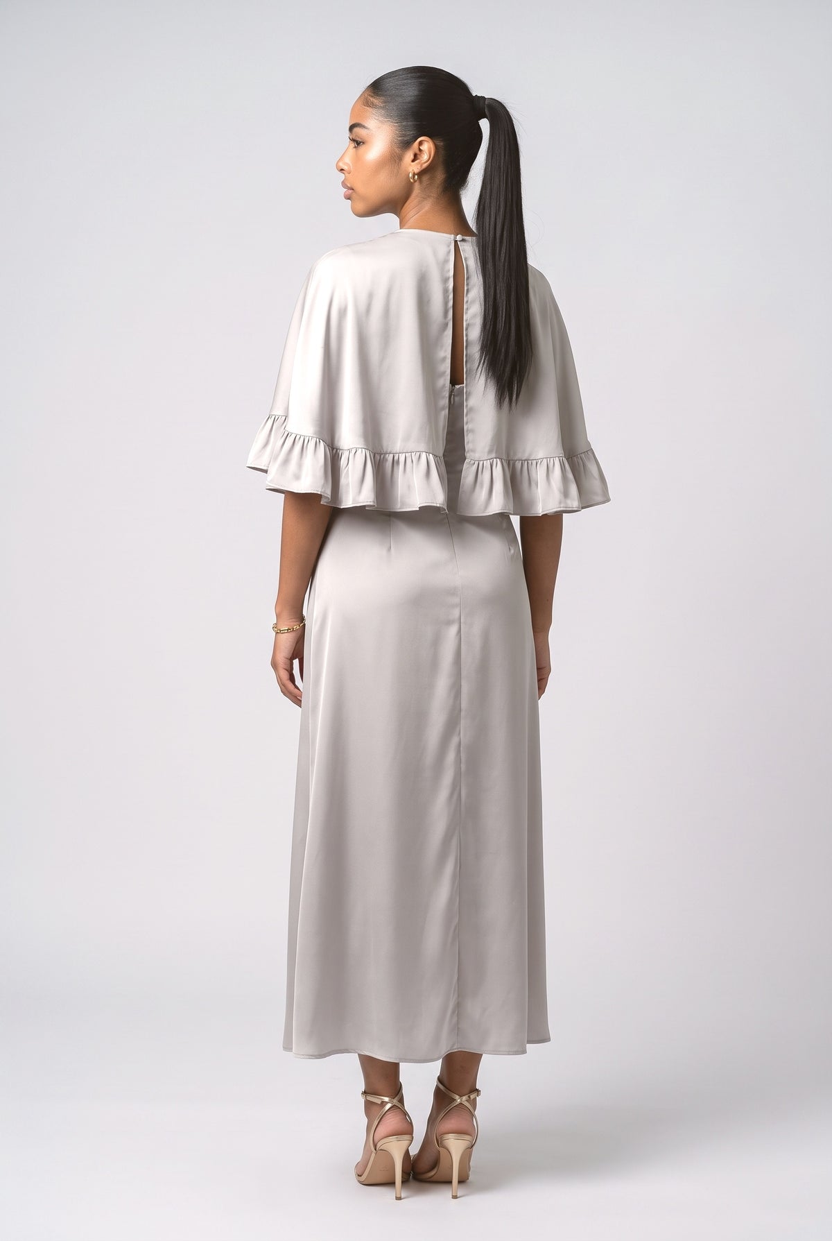 Ruffle Cape Sleeve Slit Maxi Dress, back view