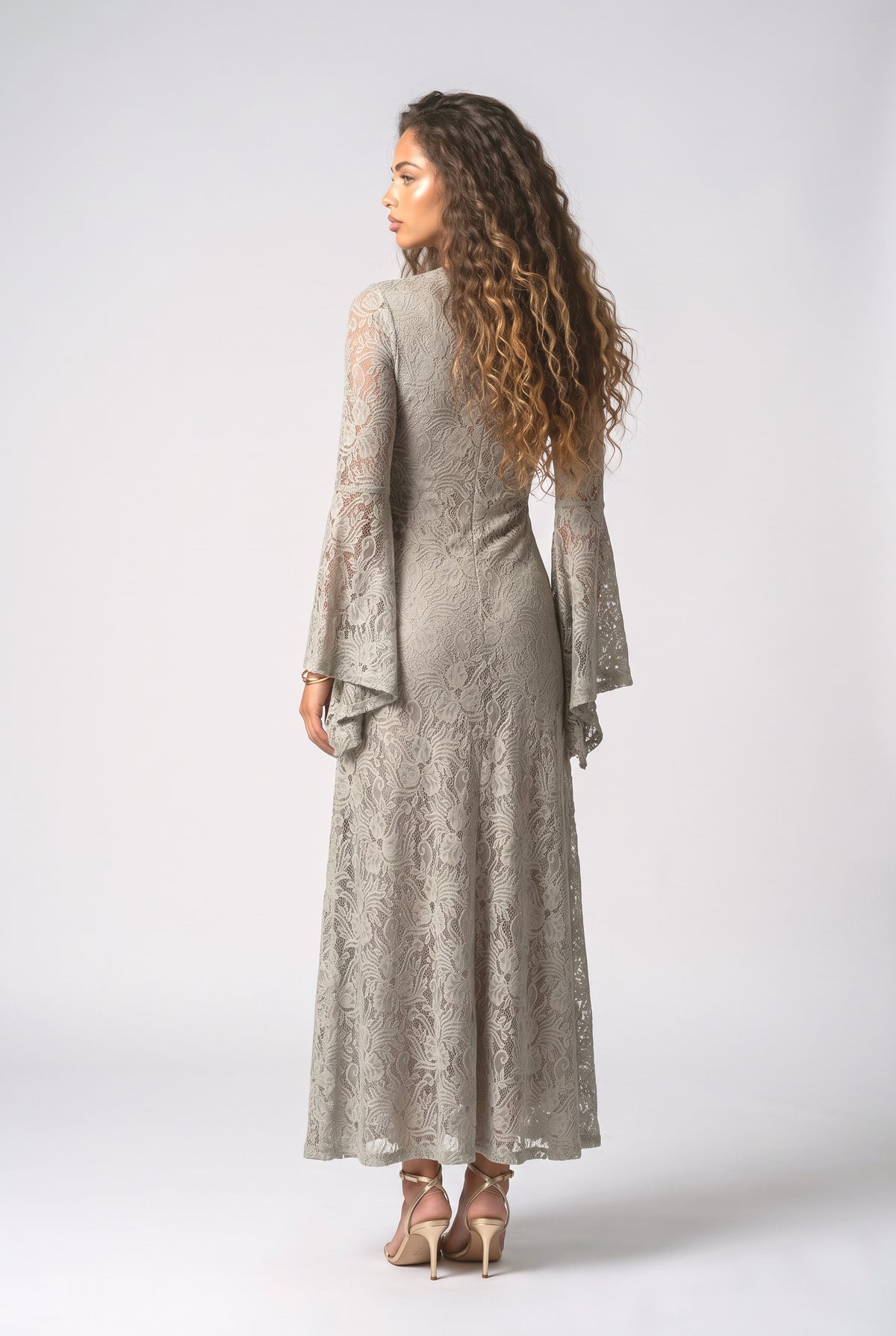 White Lace Bell Sleeve Maxi Dress, back view