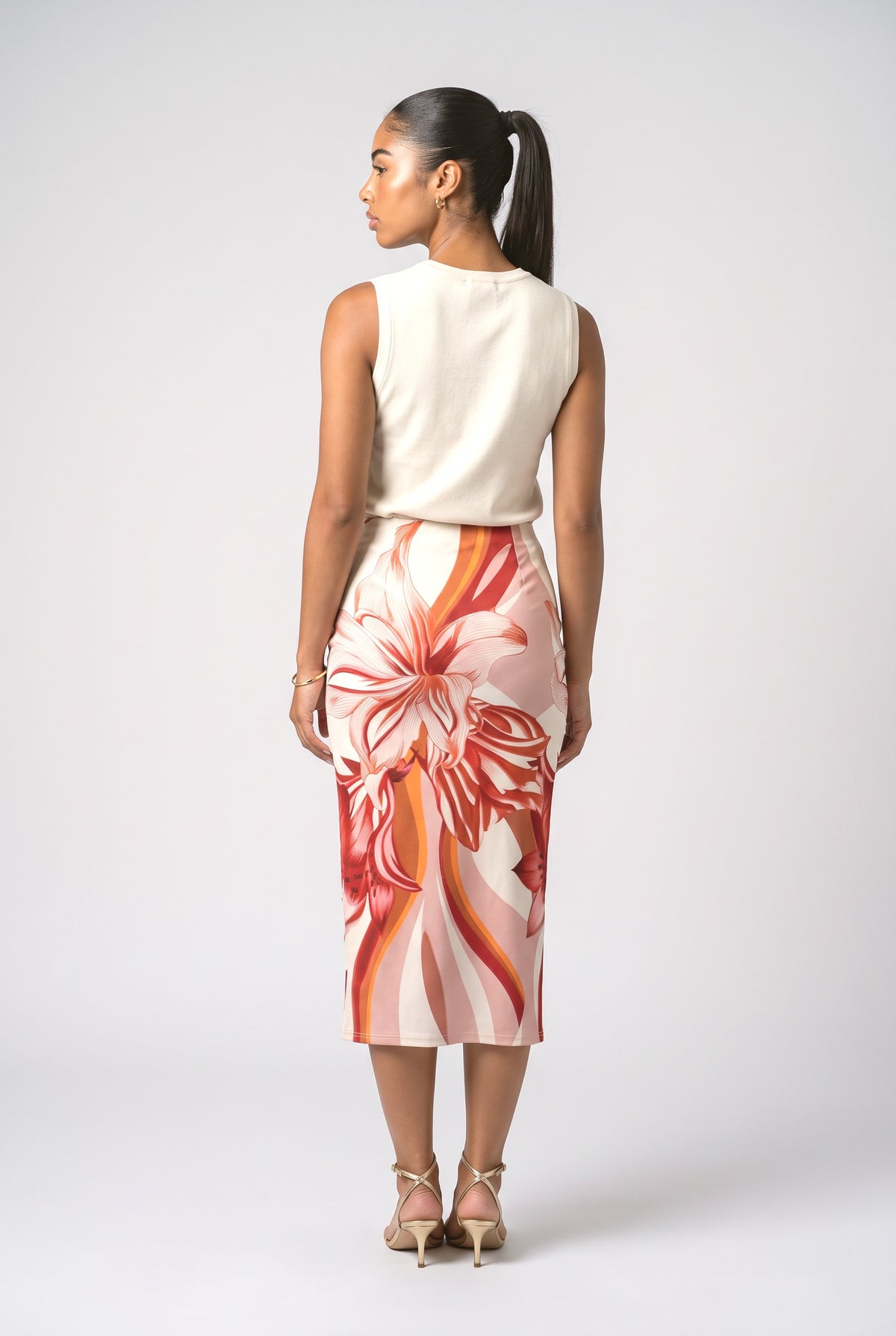 Multicolor Floral Slit Midi Skirt, back view