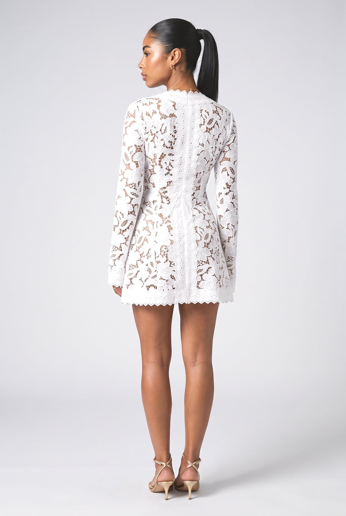 White Lace V-Neck Mini Dress, back view